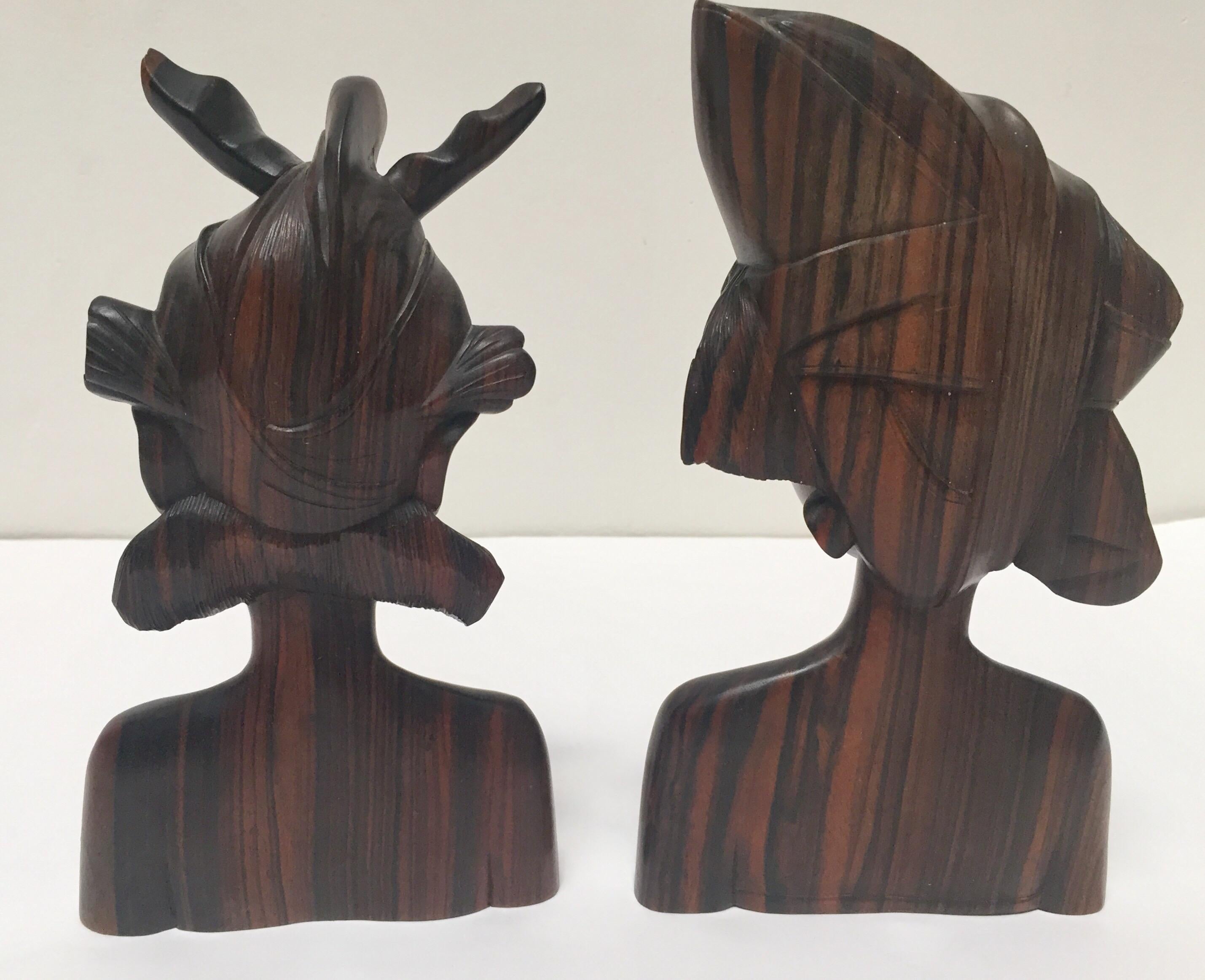 Tribal Hand Carved Wooden Balinese Busts Bookends