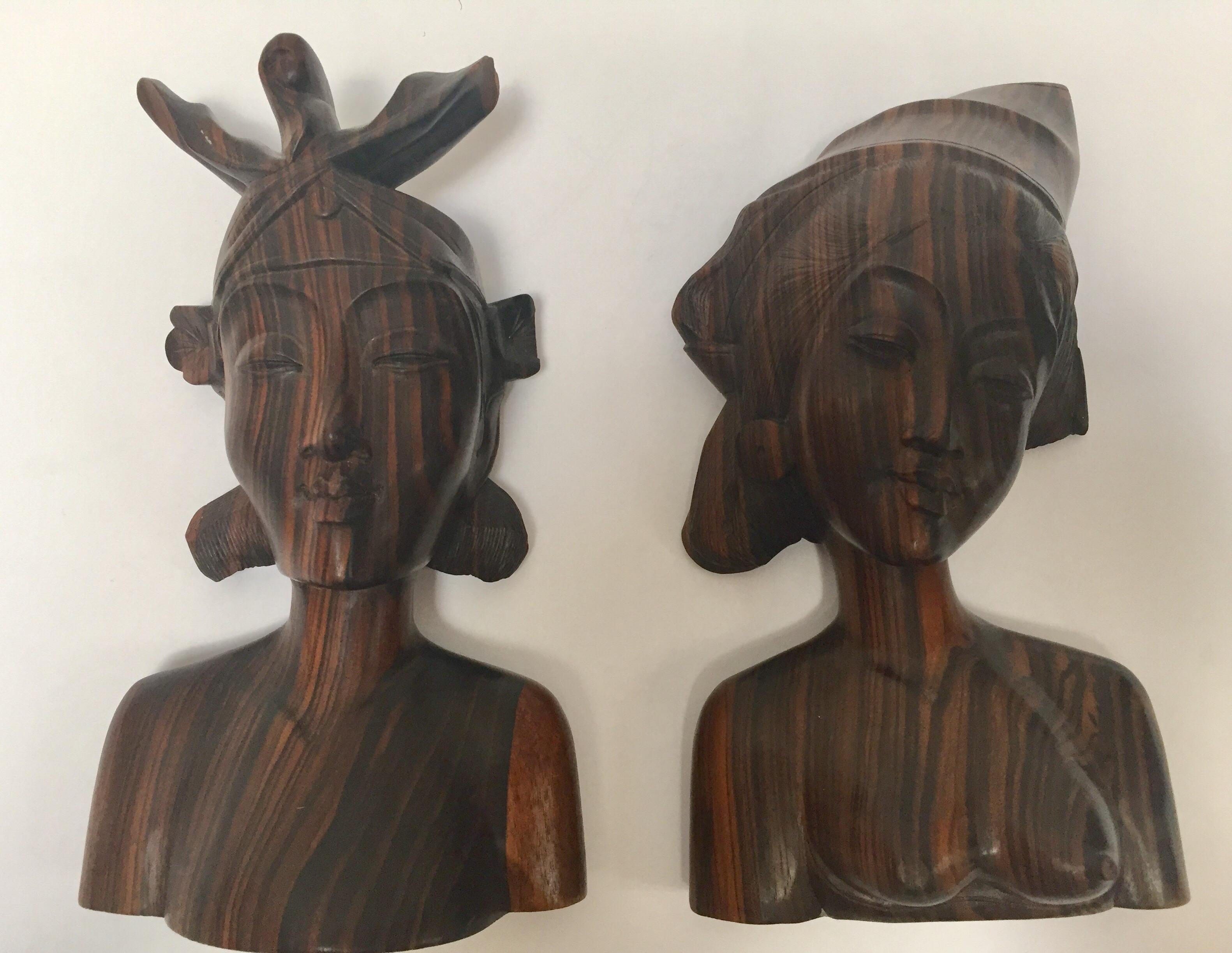 Hand-Carved Hand Carved Wooden Balinese Busts Bookends