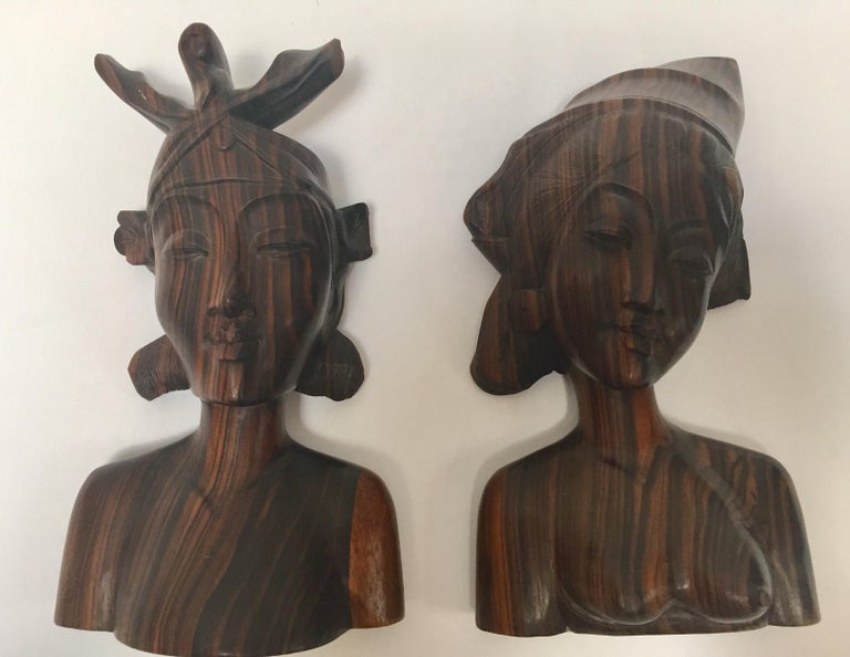 20th Century Hand Carved Wooden Balinese Busts Bookends For Sale