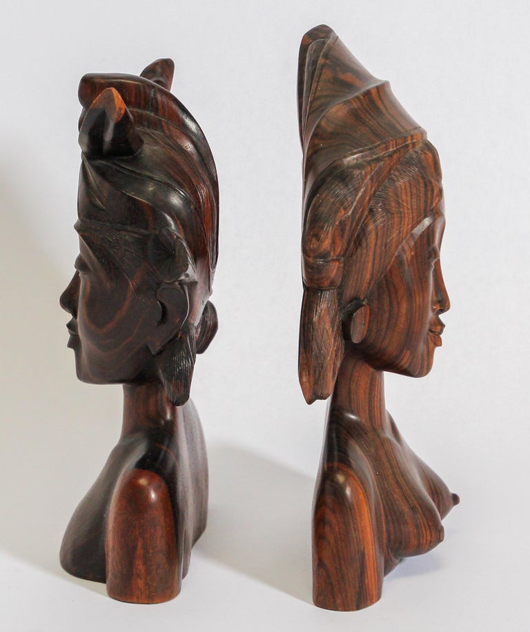 Hand-Carved Hand Carved Wooden Balinese Busts Bookends For Sale
