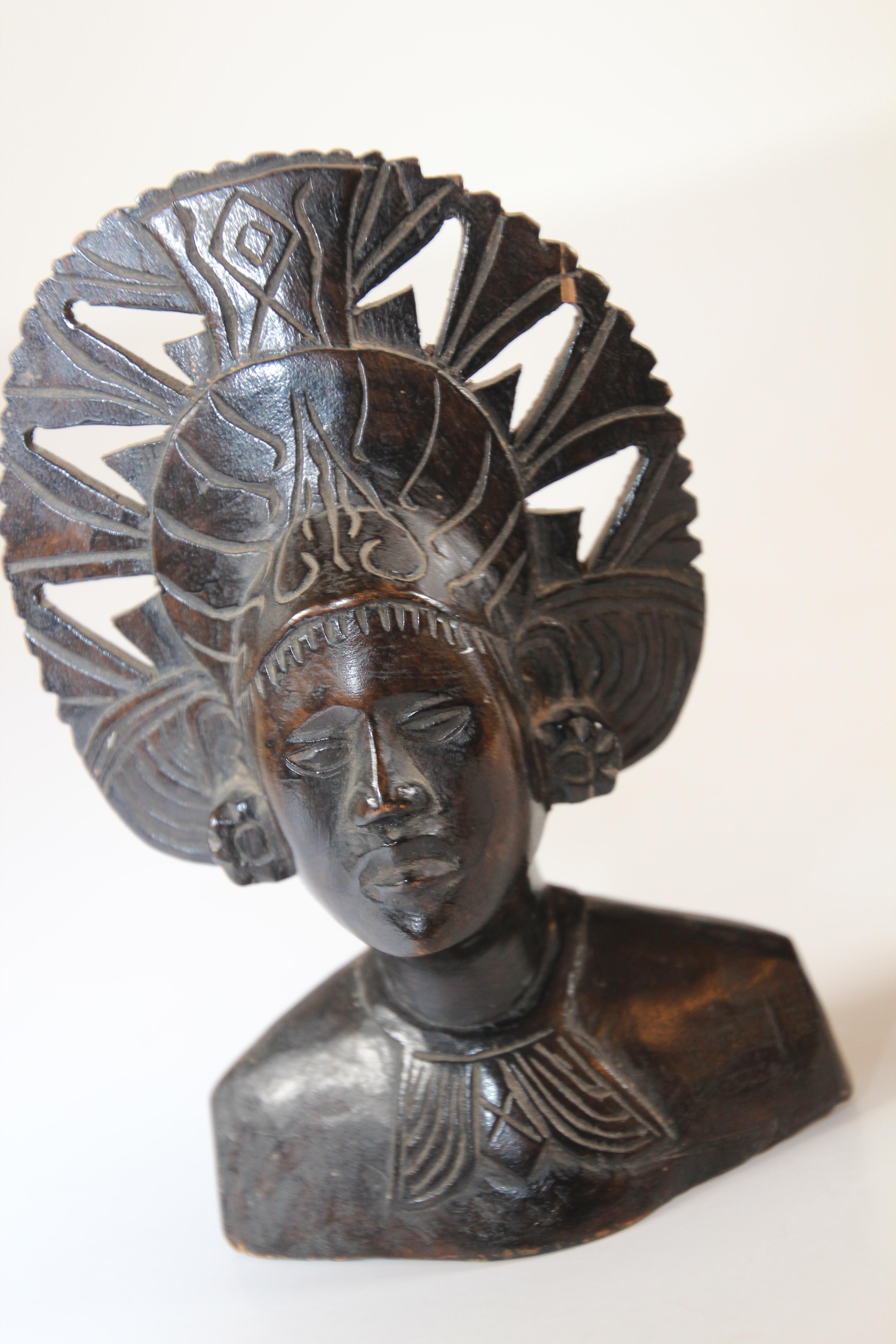 Hand Carved Wooden Balinese Busts Sculptures For Sale 3