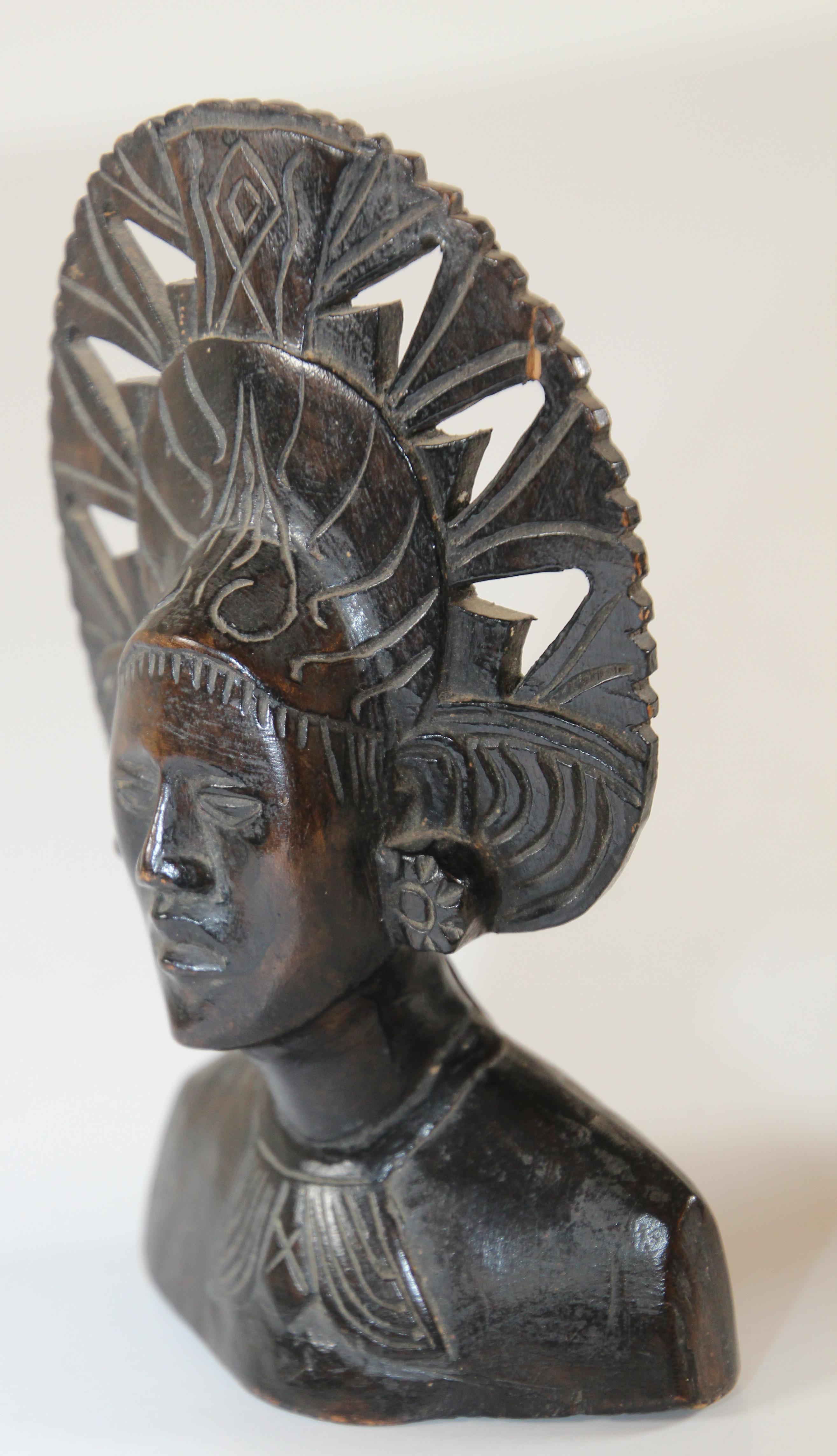 Hand Carved Wooden Balinese Busts Sculptures For Sale 6