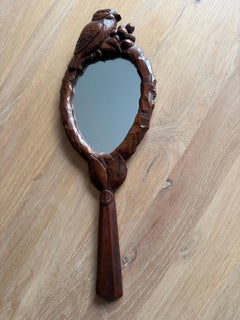 Hand-Carved Wooden Bird Hand Mirror, Austrian or German Folk Art, circa 1920