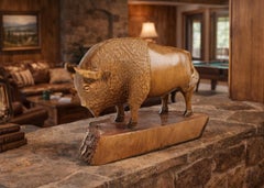 Hand-Carved Wooden Bison Sculpture on Natural Base, Vintage Bull Rustic Art