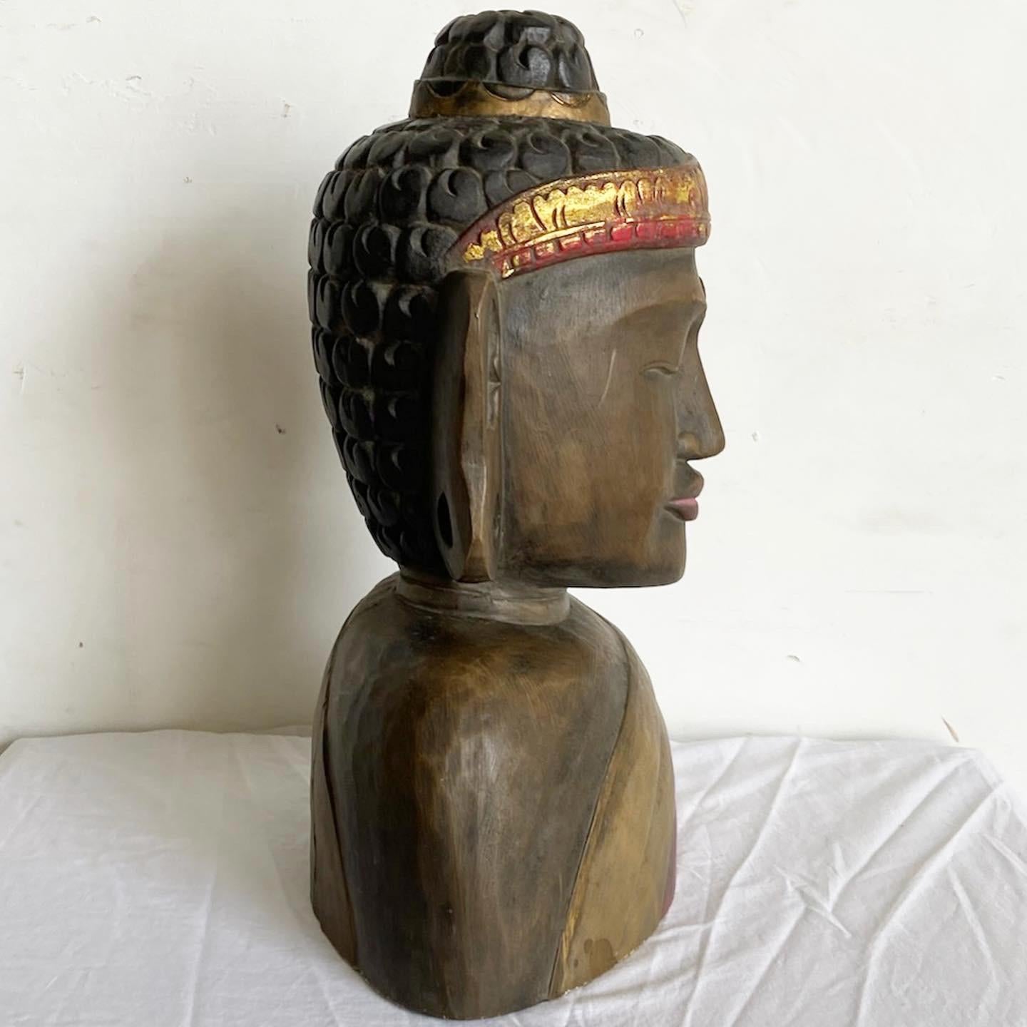 Chinoiserie Hand Carved Wooden Buddha Head Bust Statue Sculpture For Sale