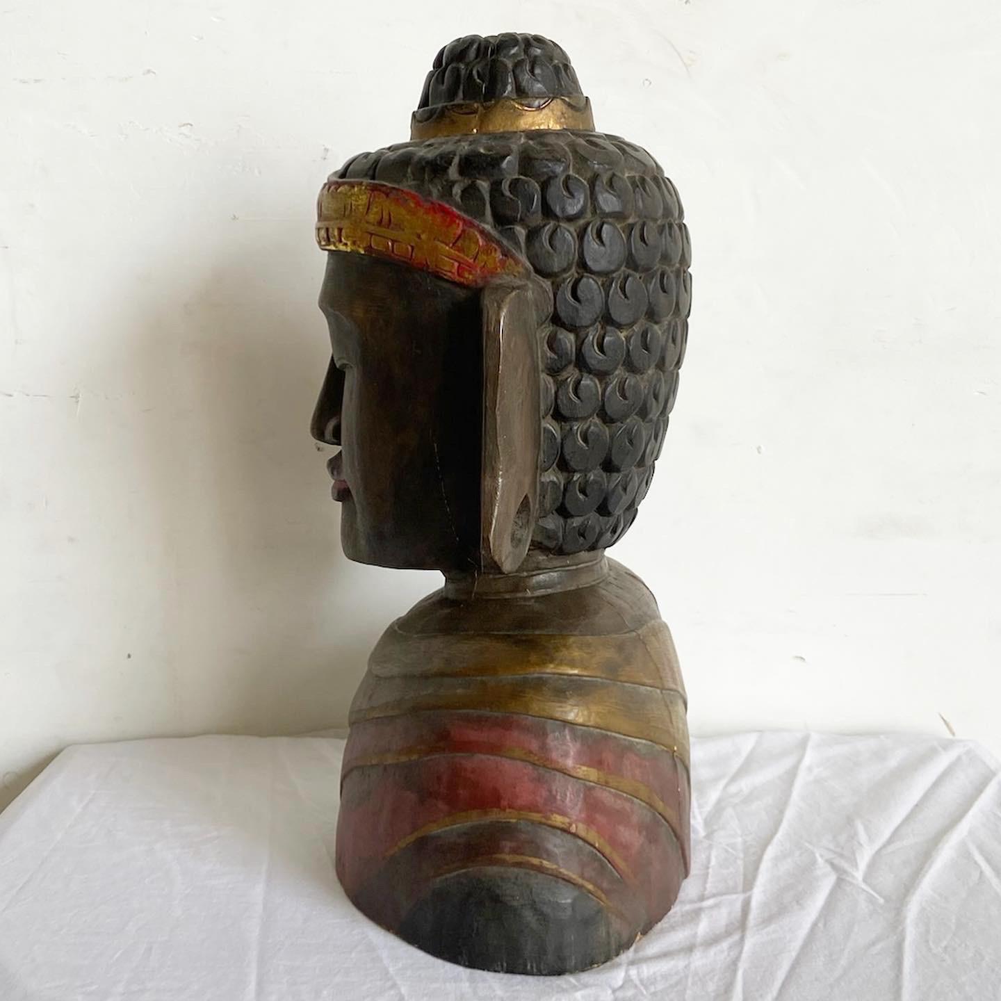 Hand Carved Wooden Buddha Head Bust Statue Sculpture For Sale 2