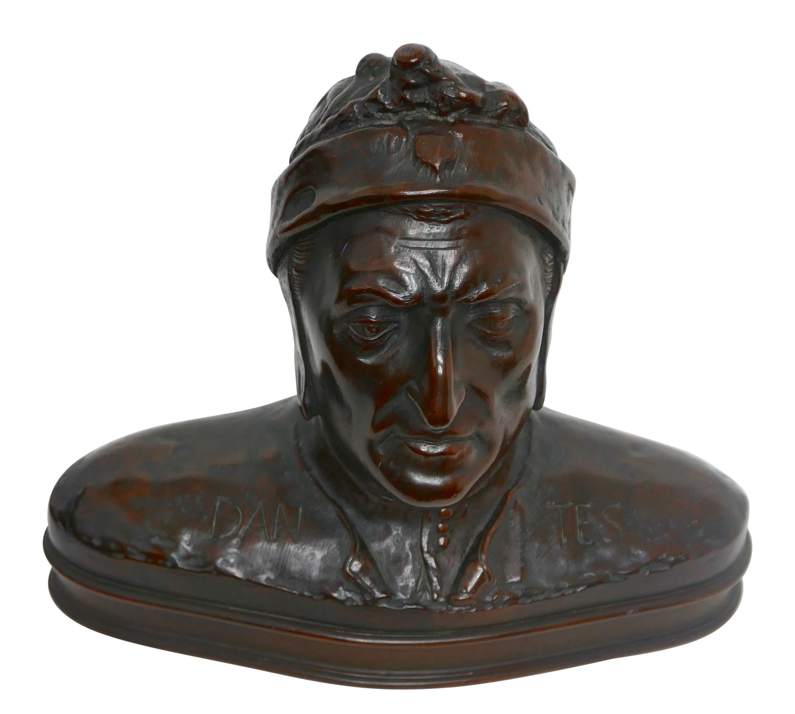 A finely carved solid mahogany (almost life-size) shoulder bust of Dantes on a plinth base.
Origin unknown, early 20th century.
  