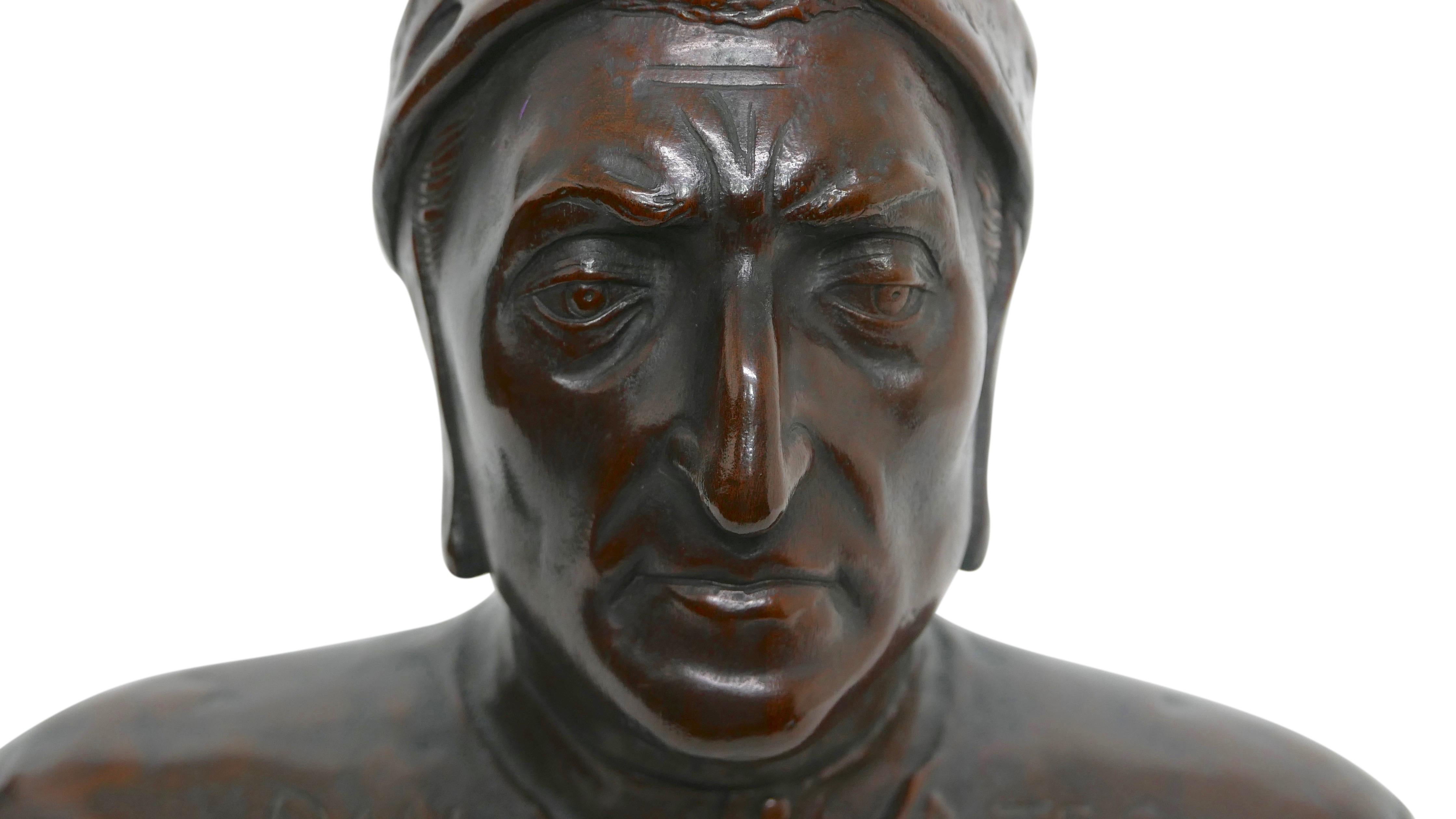 Hand-Carved Hand Carved Wooden Bust Sculpture of Dantes, Early 20th Century