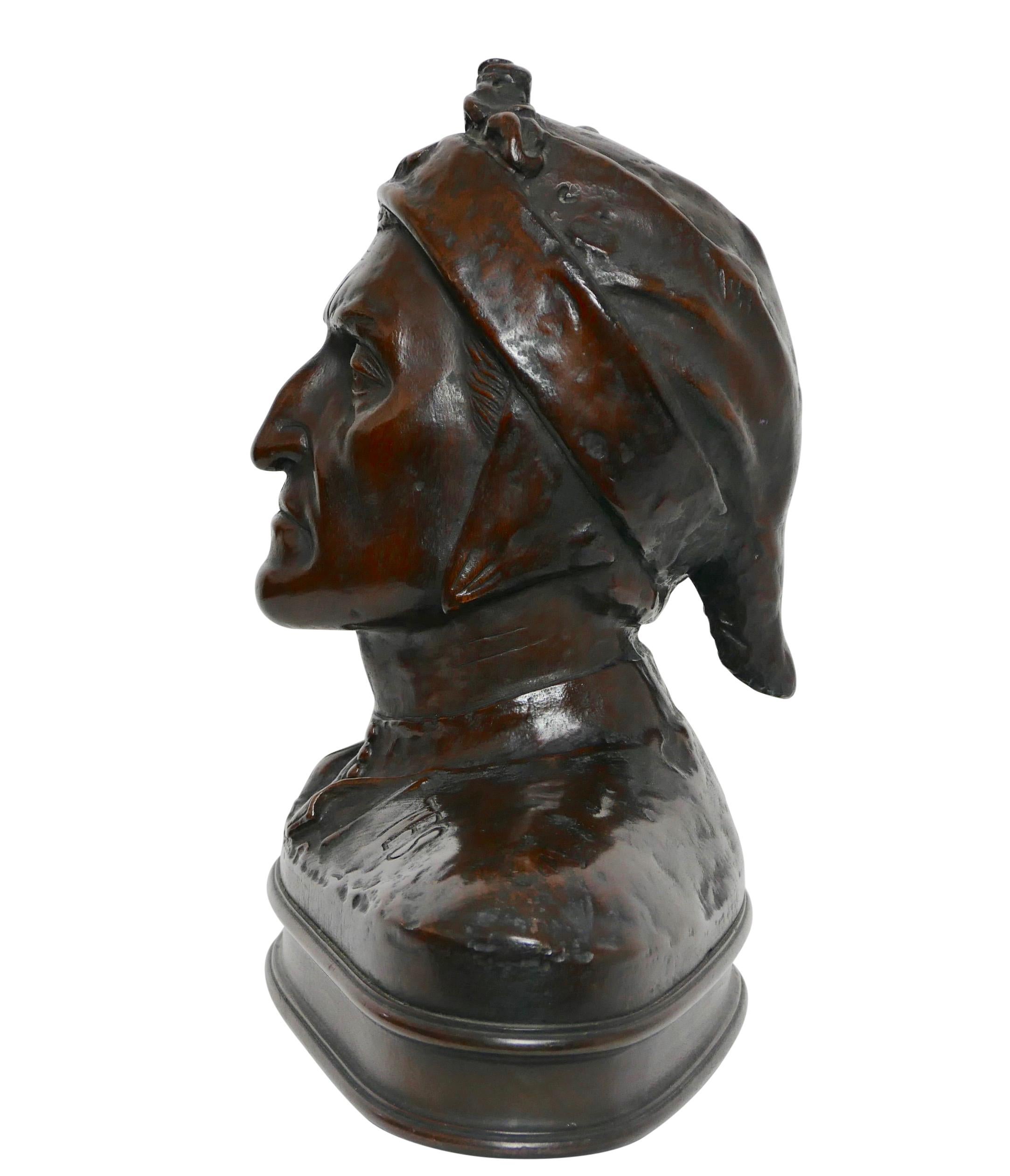 Mahogany Hand Carved Wooden Bust Sculpture of Dantes, Early 20th Century