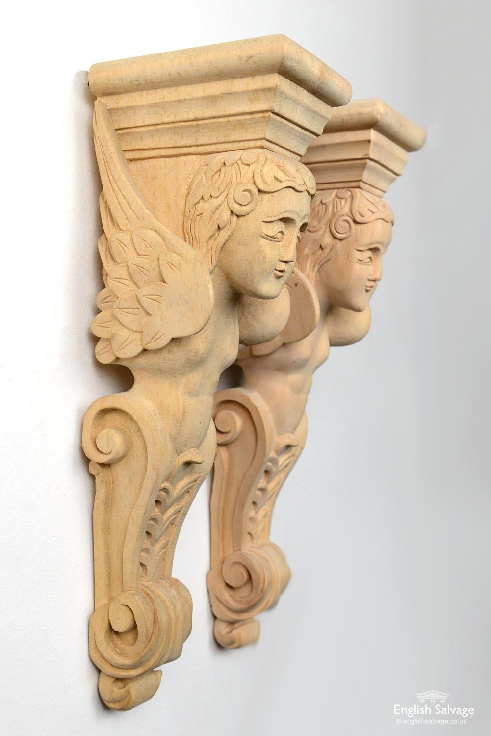 Hand Carved Wooden Cherub Figure Corbels, 20th Century For Sale 1