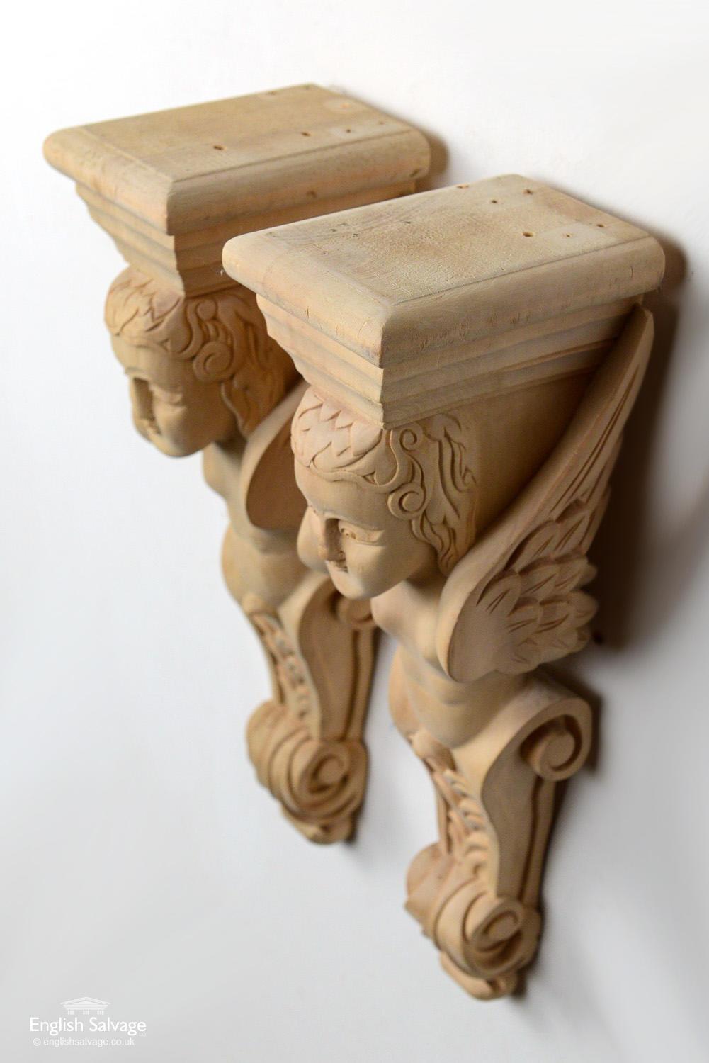 Hand Carved Wooden Cherub Figure Corbels, 20th Century For Sale 2