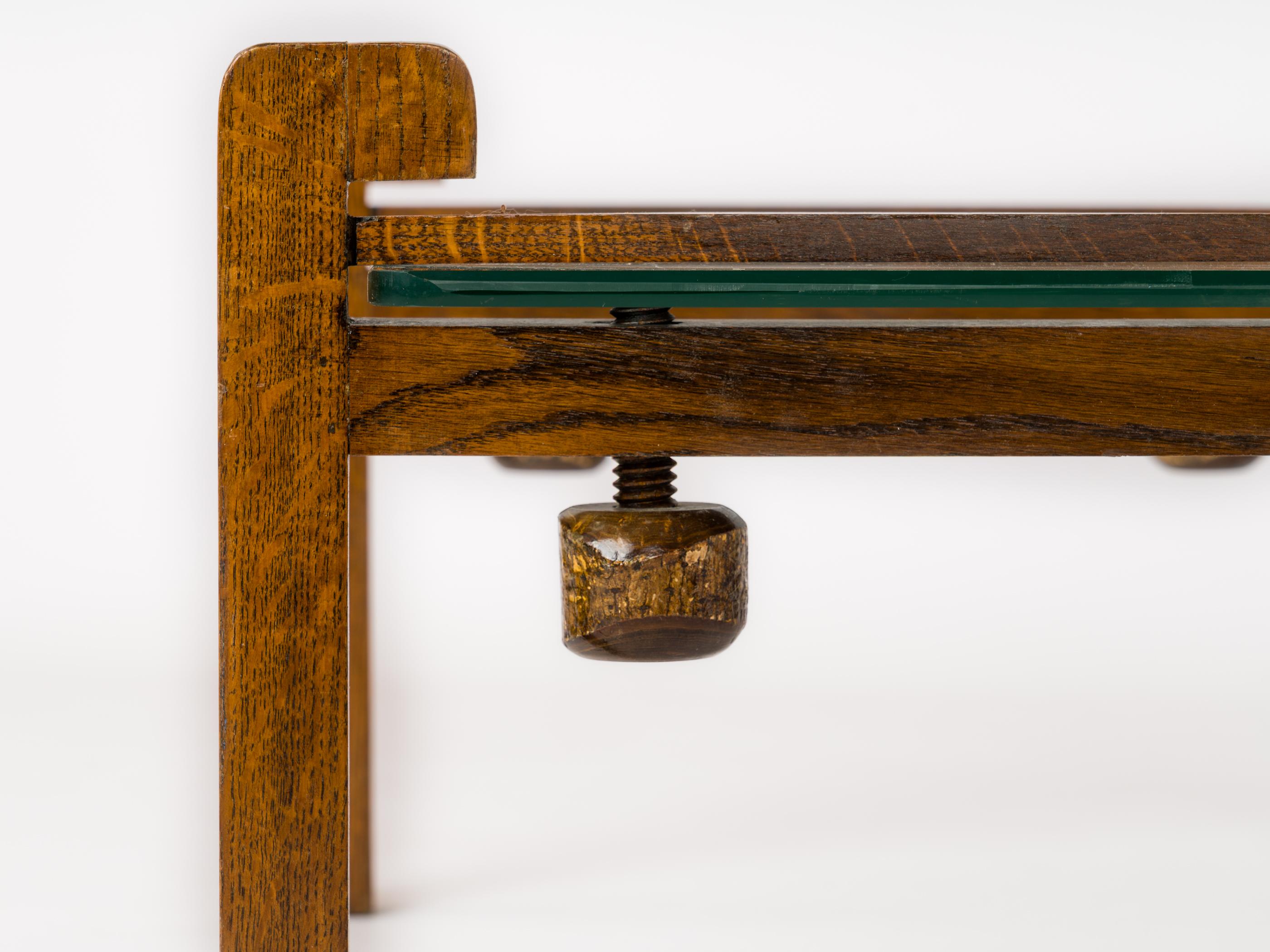 Late 20th Century Hand-Carved Wooden Clamp and Glass Coffee Table - France 1970's For Sale