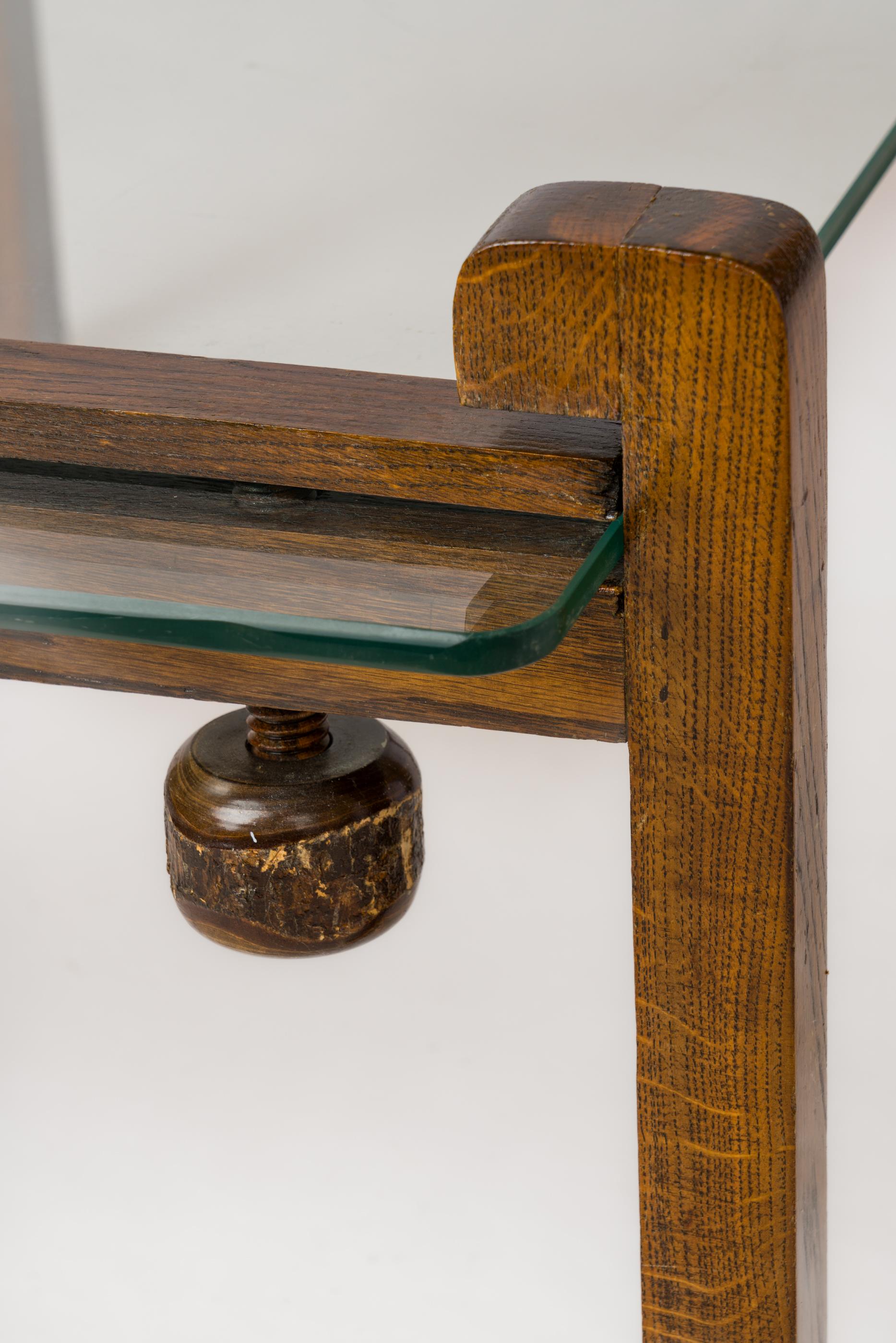 Hand-Carved Wooden Clamp and Glass Coffee Table - France 1970's For Sale 1