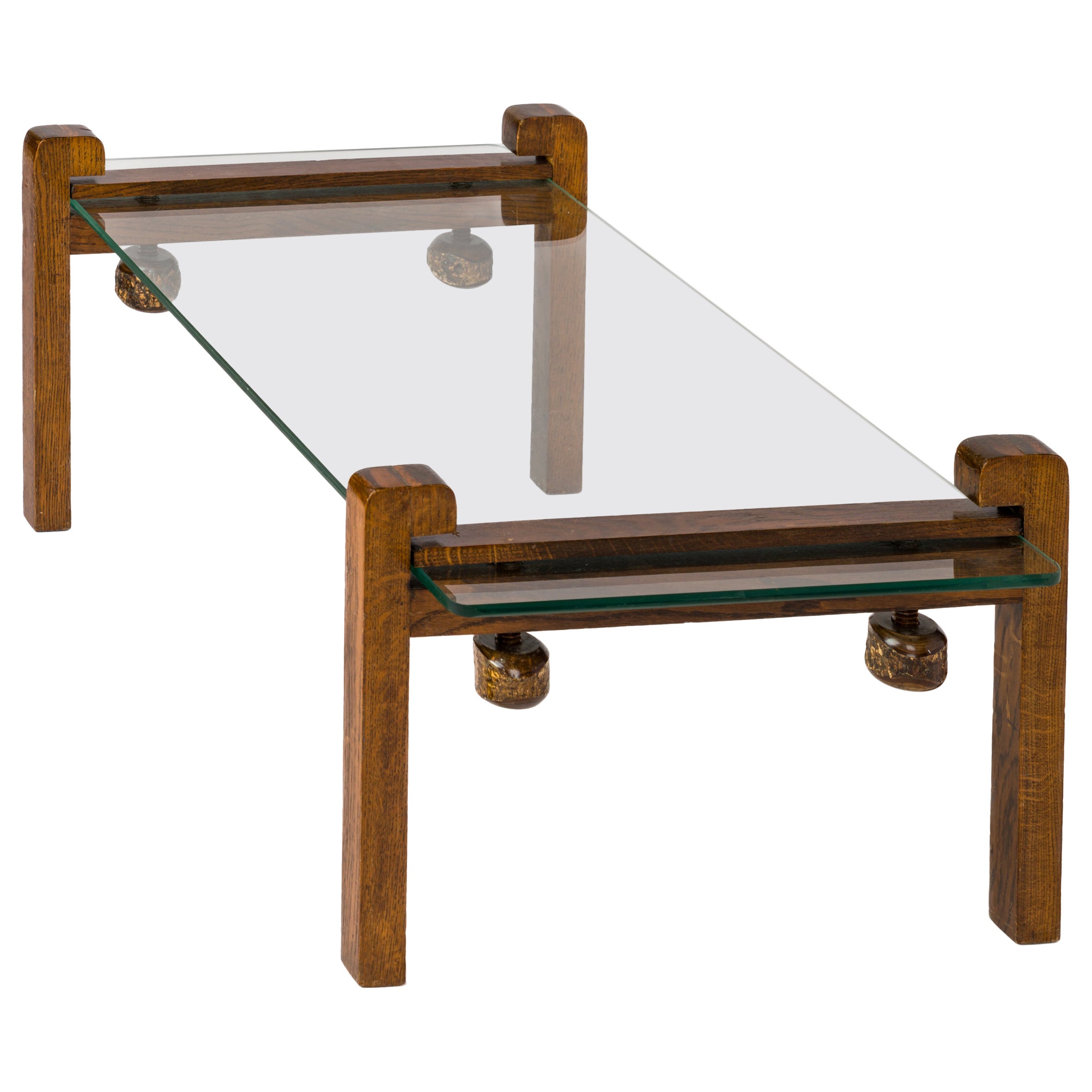 Hand-Carved Wooden Clamp and Glass Coffee Table - France 1970's For Sale