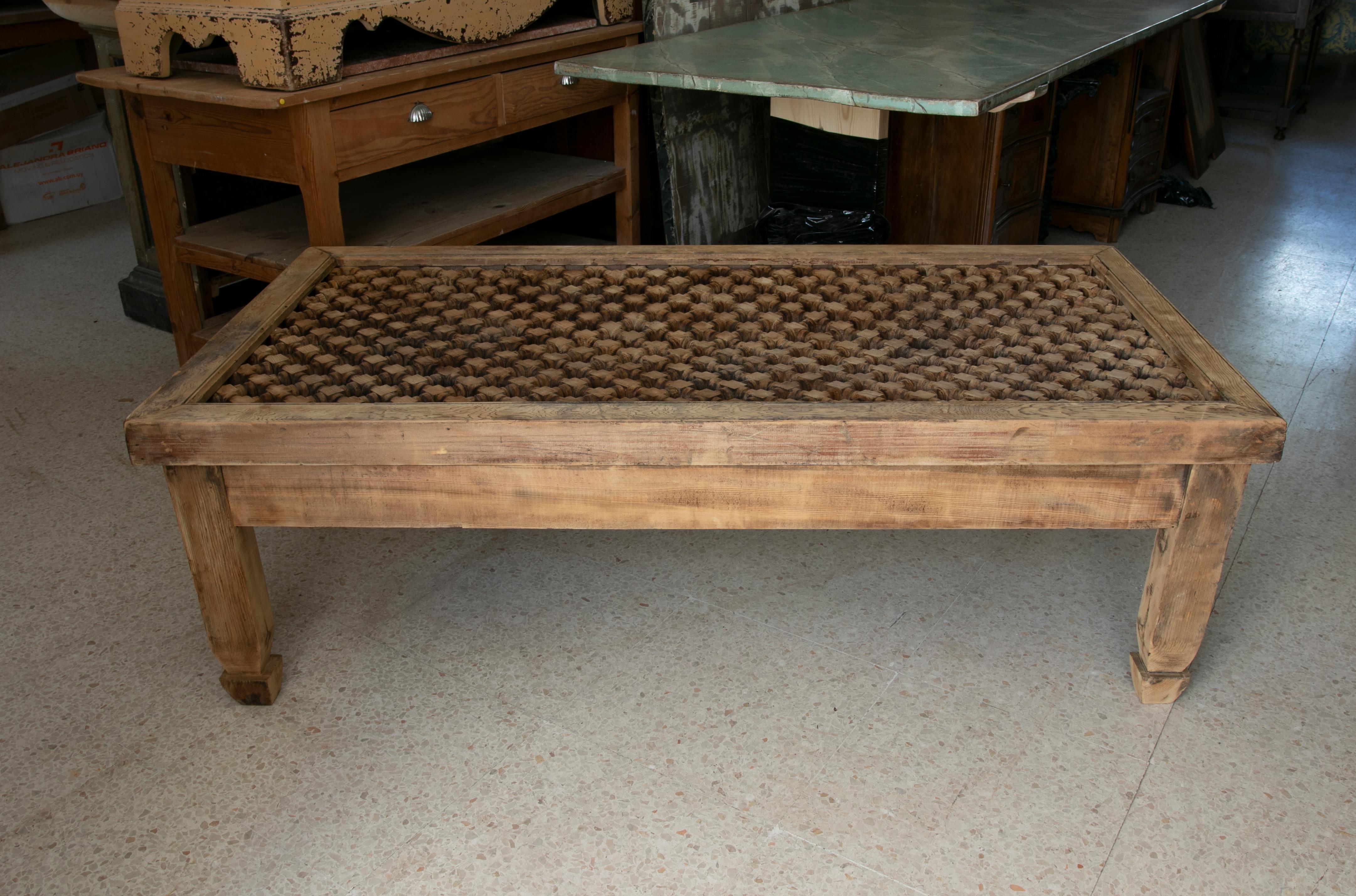 Hand-Carved Wooden Coffee Table with Lattice on Top 4
