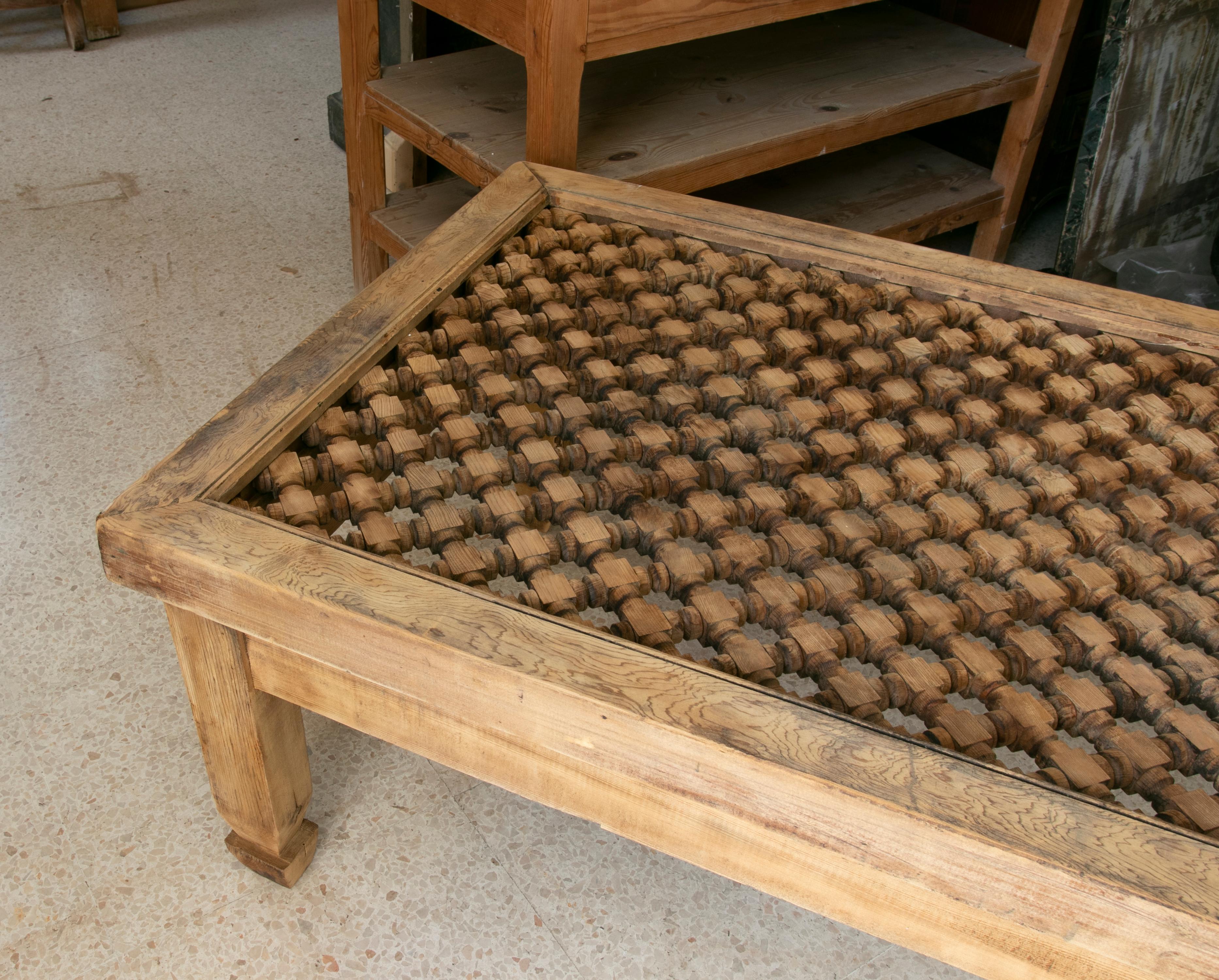 Hand-Carved Wooden Coffee Table with Lattice on Top 5