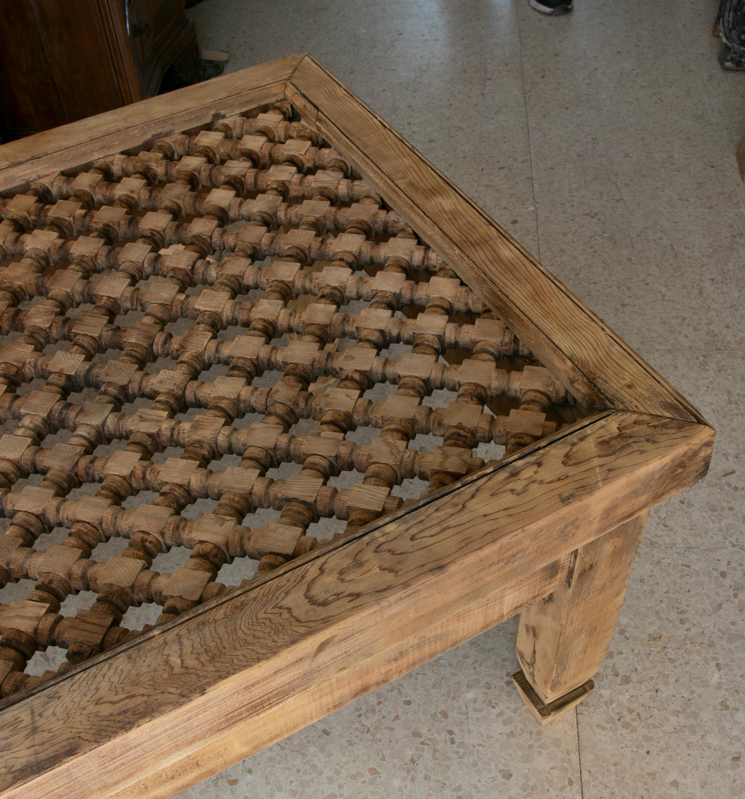 Hand-Carved Wooden Coffee Table with Lattice on Top 7