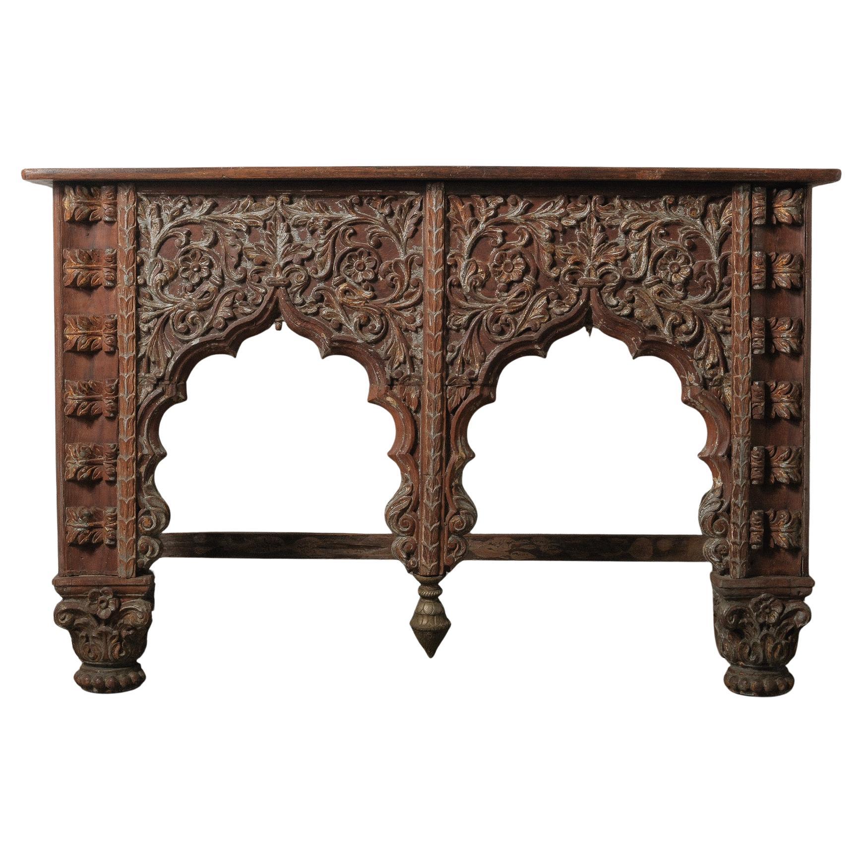 Hand-Carved Wooden Console with Architectural Arches