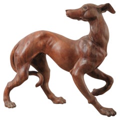 Hand-Carved Wooden Dog Sculpture in Dynamic Running Pose