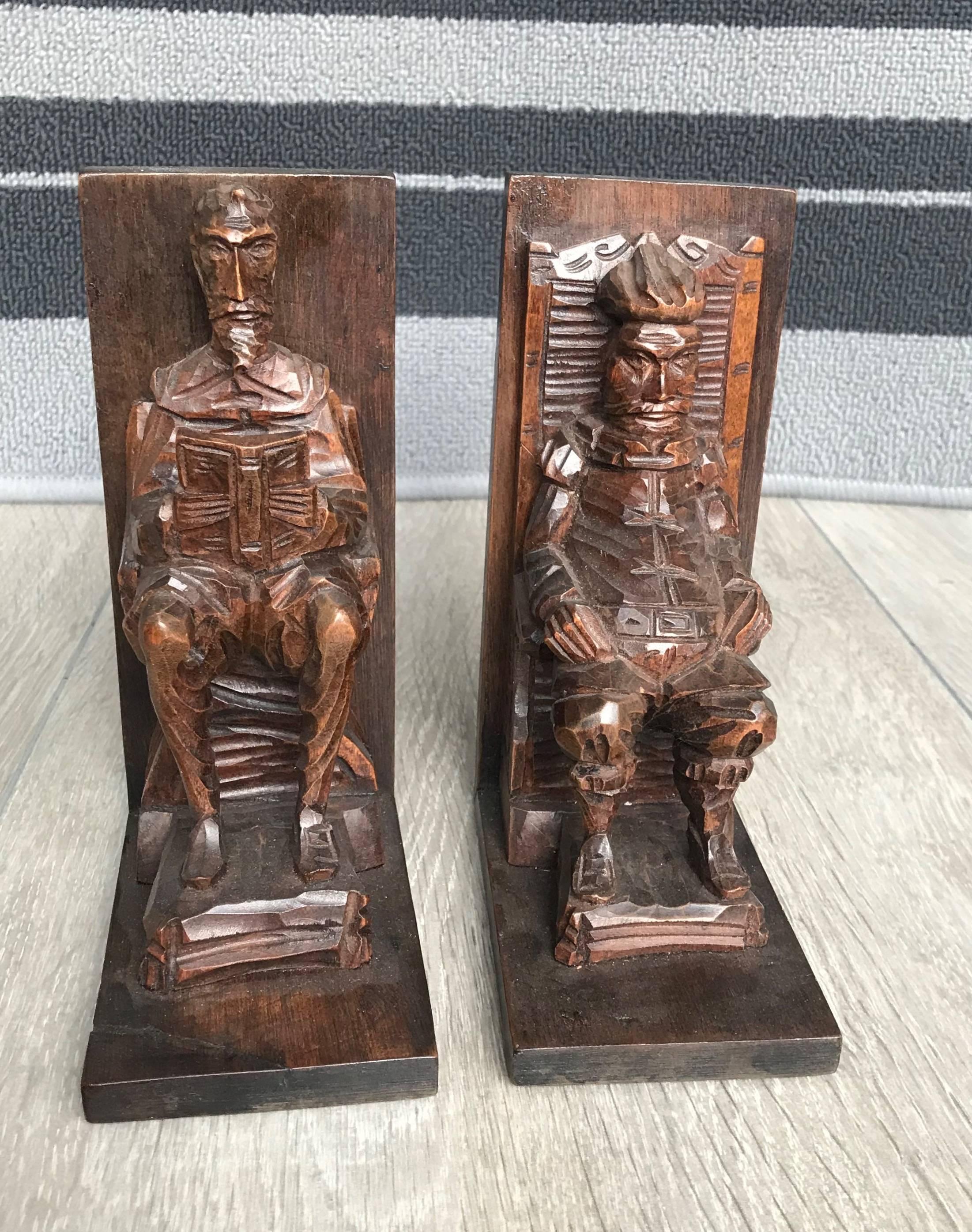 European Hand-Carved Wooden Don Quixote and Sancho Panza Bookends
