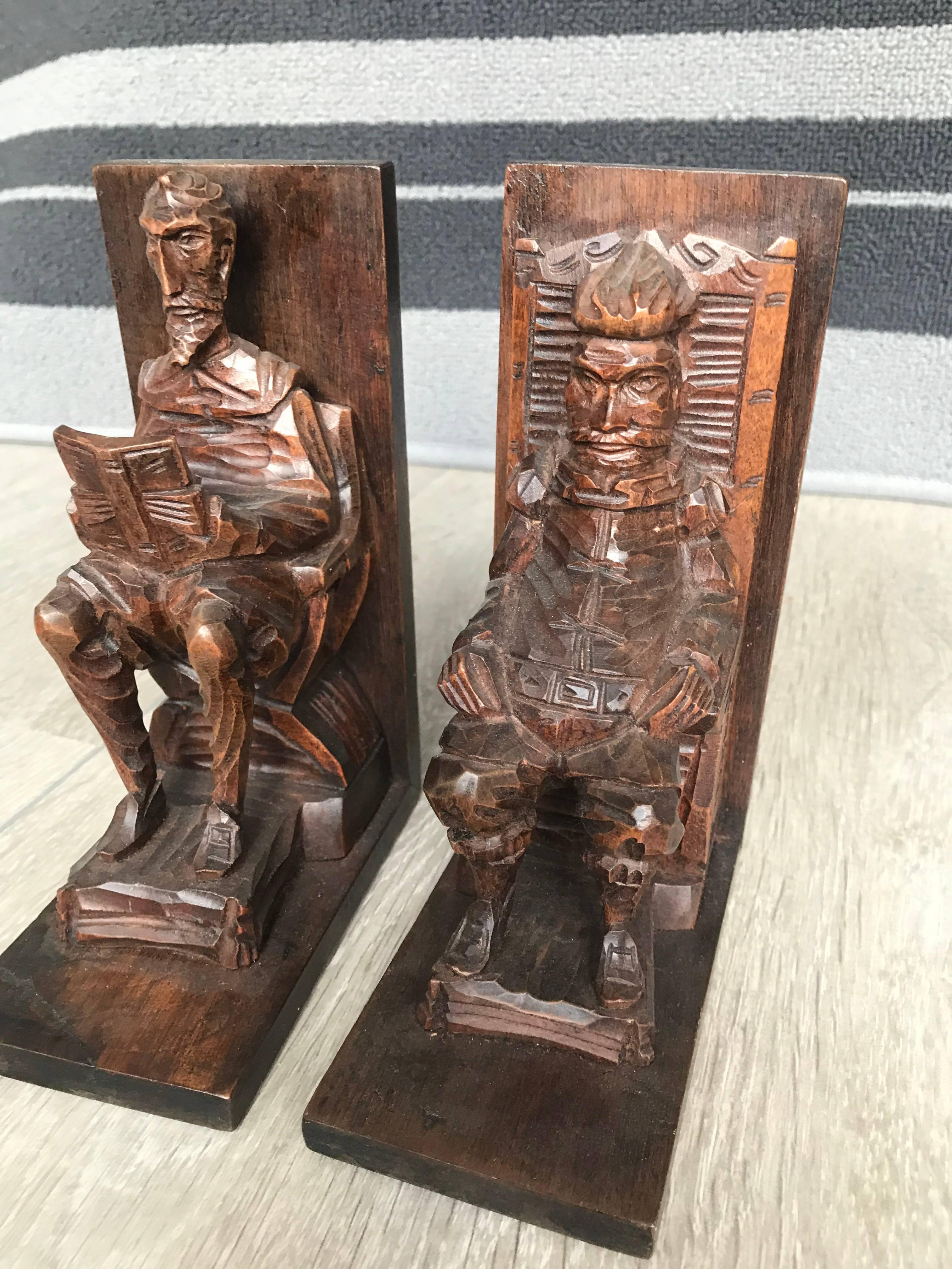 Nice carved, famous novel bookends. 

If you are looking for a pair of decorative, practical and well crafted bookends then this rare pair could be perfect for you. The taller and slimmer figure obviously is Don Quixote. Here he is holding a book