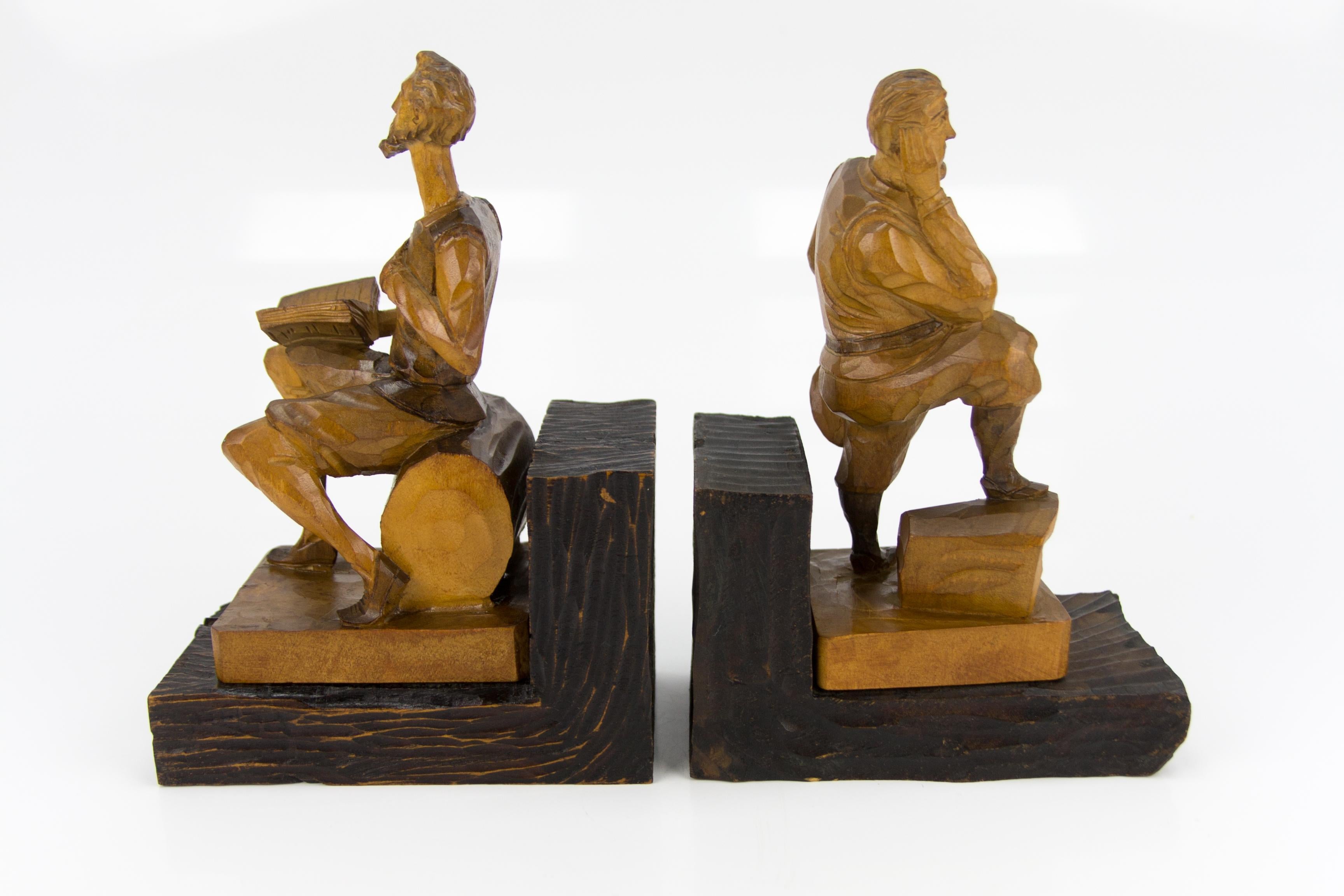 Hand Carved Wooden Don Quixote and Sancho Panza Sculpture Bookends For Sale 2