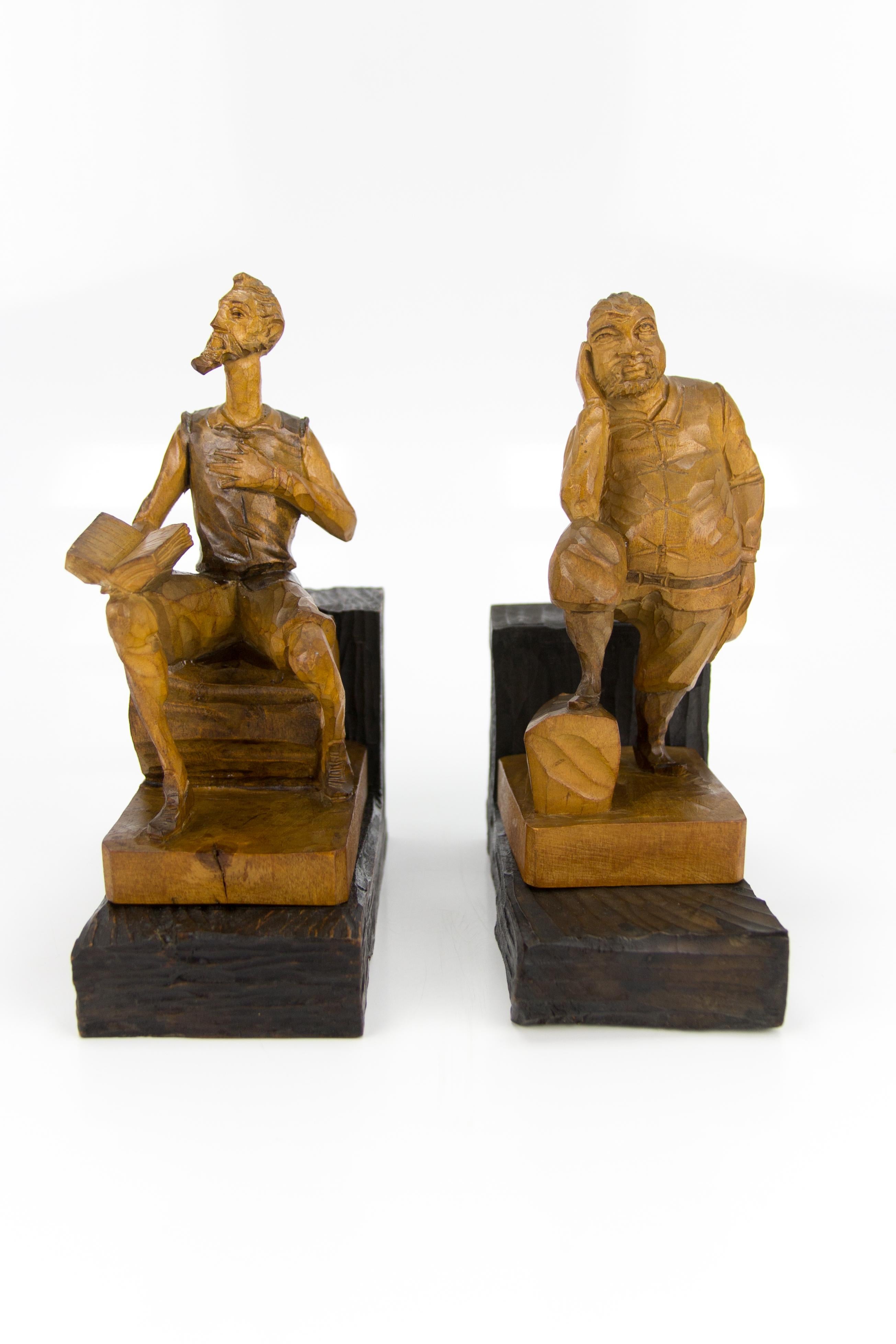 Hand Carved Wooden Don Quixote and Sancho Panza Sculpture Bookends For Sale 3