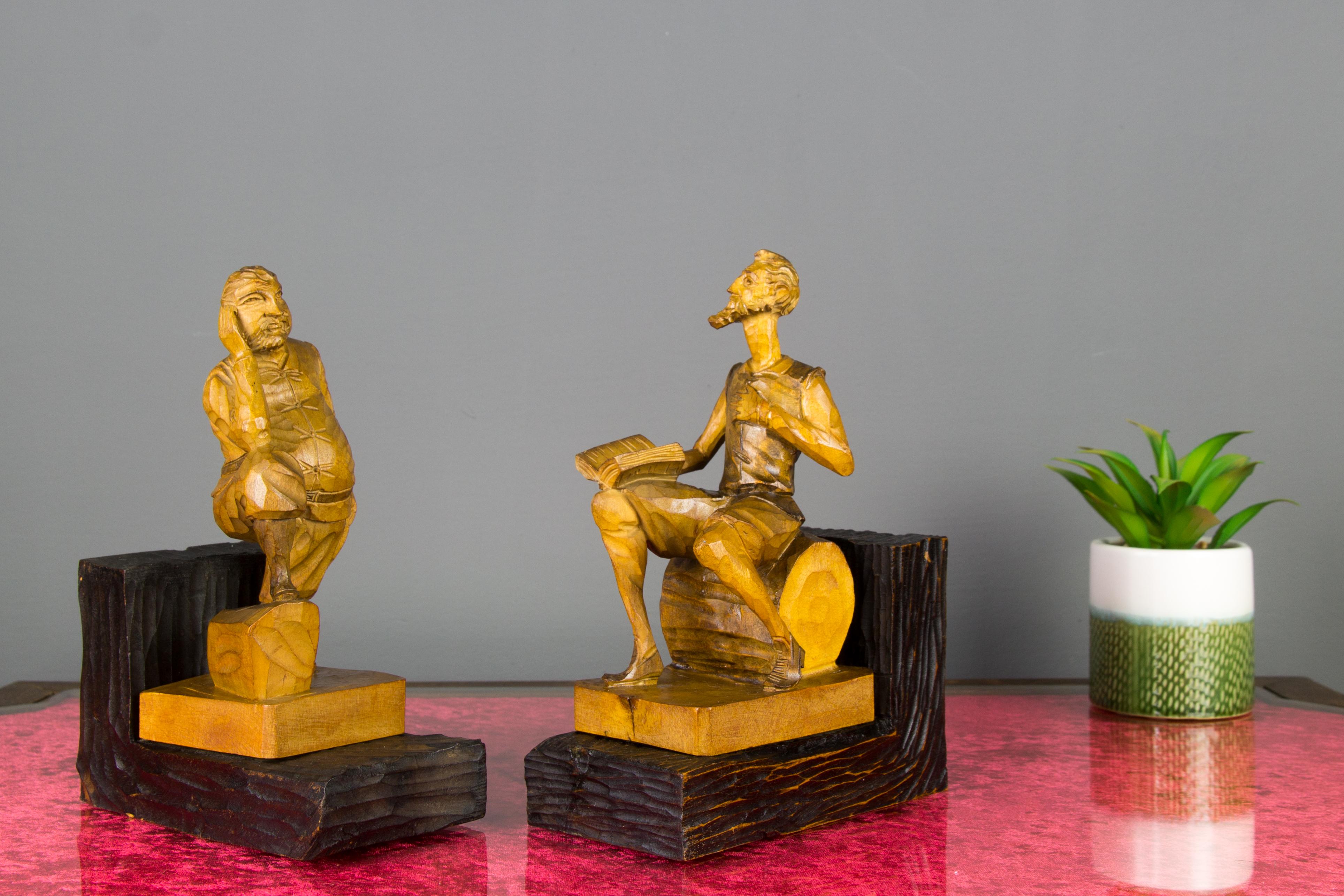 Art Deco Hand Carved Wooden Don Quixote and Sancho Panza Sculpture Bookends For Sale