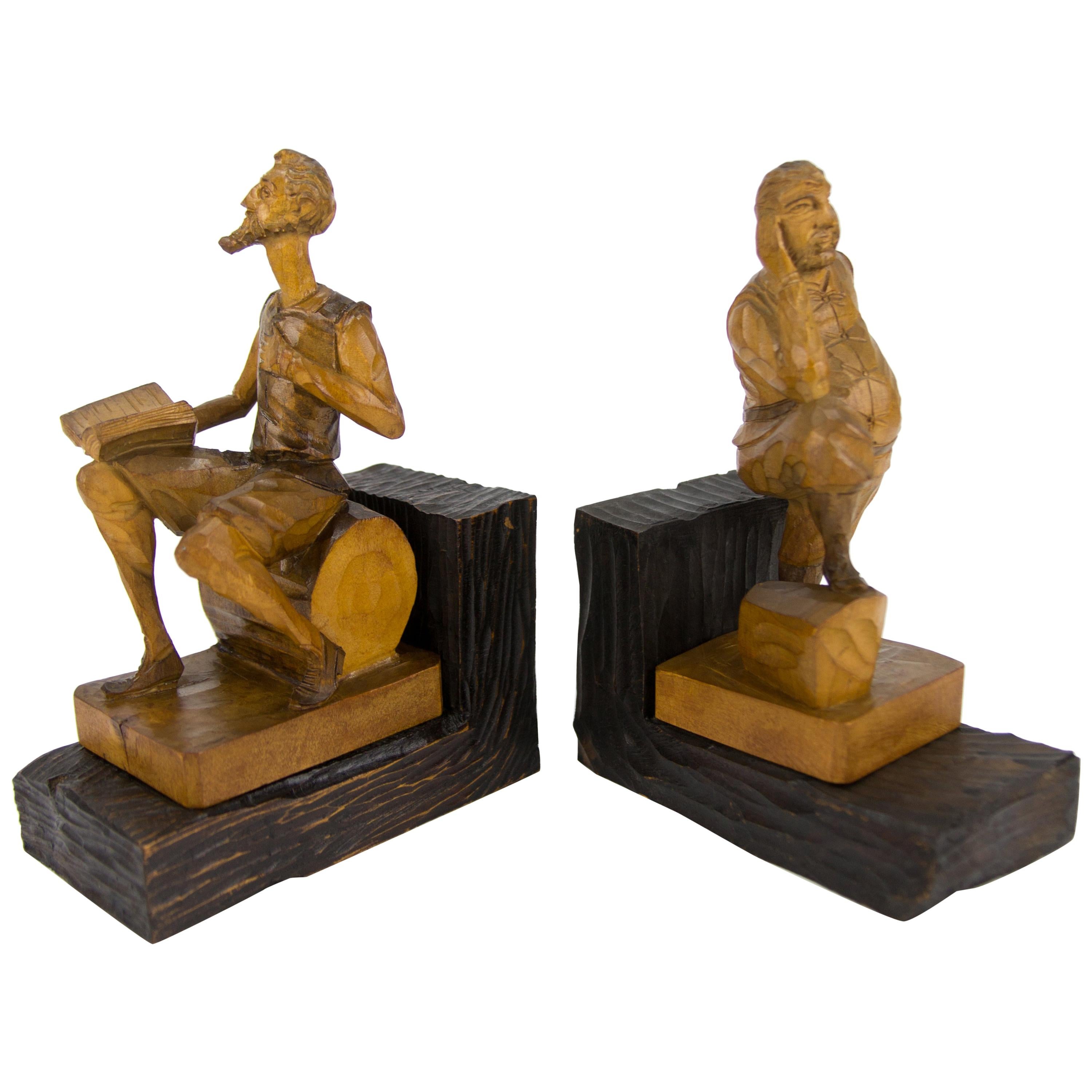 Hand Carved Wooden Don Quixote and Sancho Panza Sculpture Bookends