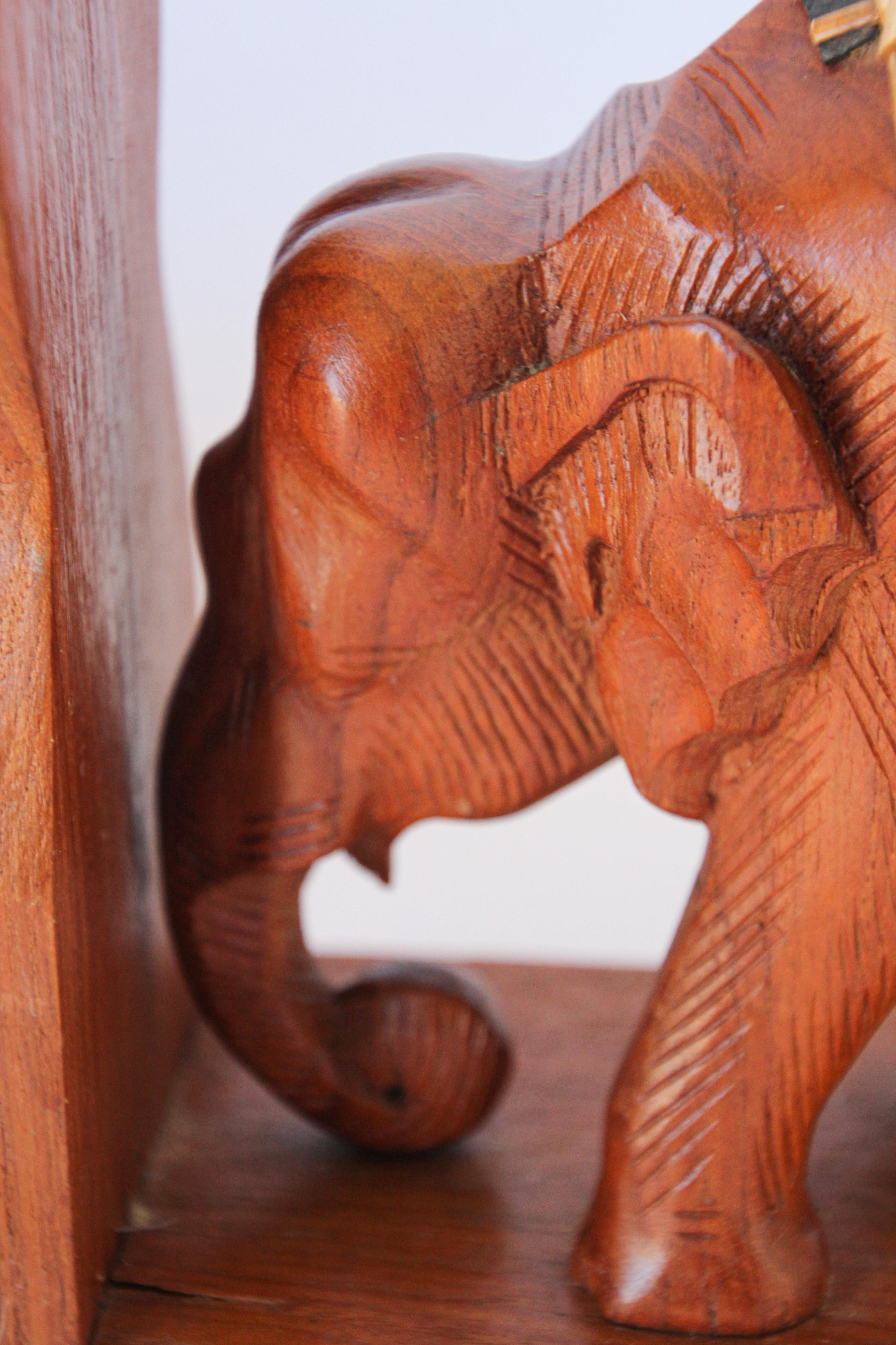 Hand Carved Wooden Elephant Bookends, circa 1950 3