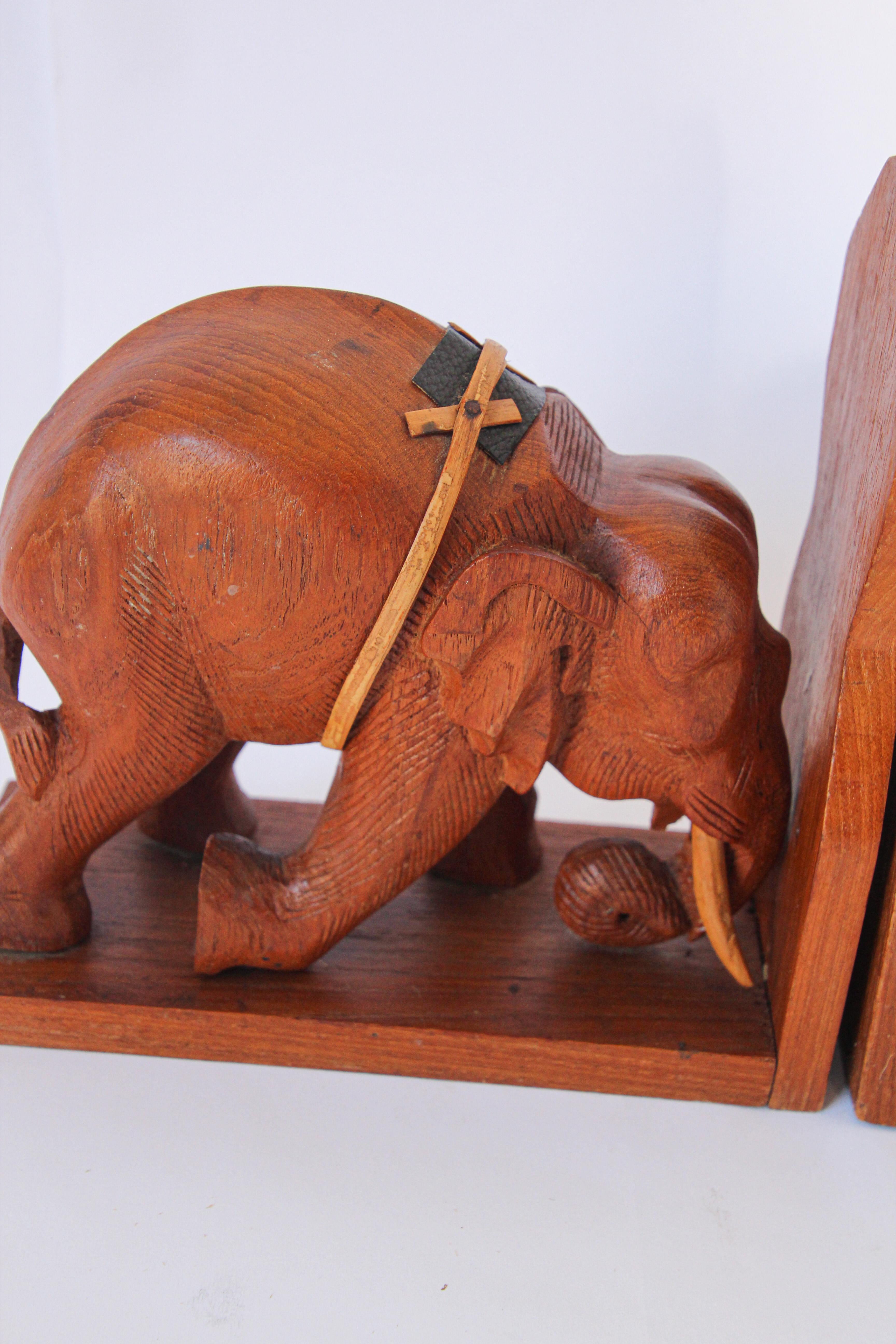 Hand Carved Wooden Elephant Bookends, circa 1950 4