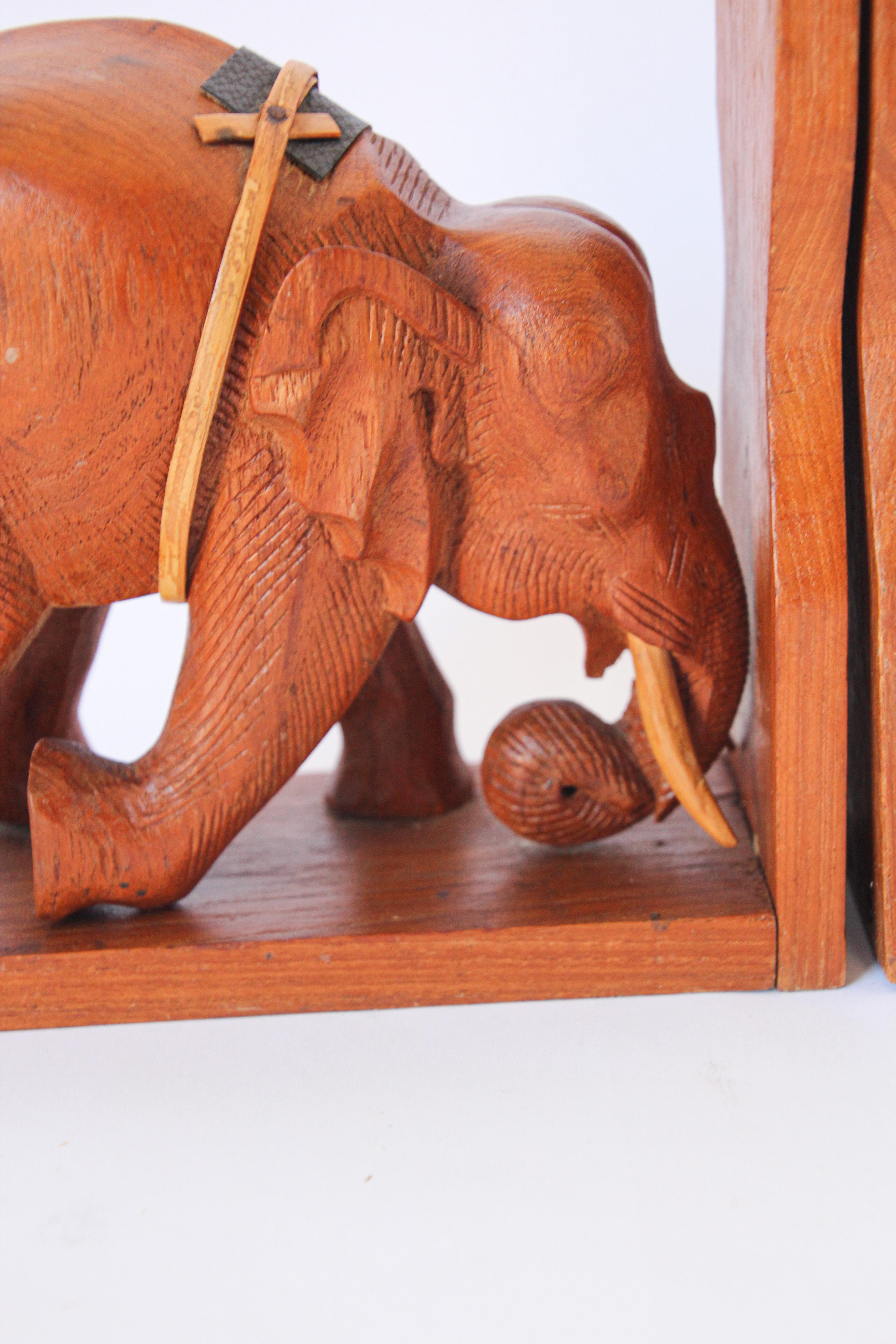 Hand Carved Wooden Elephant Bookends, circa 1950 5