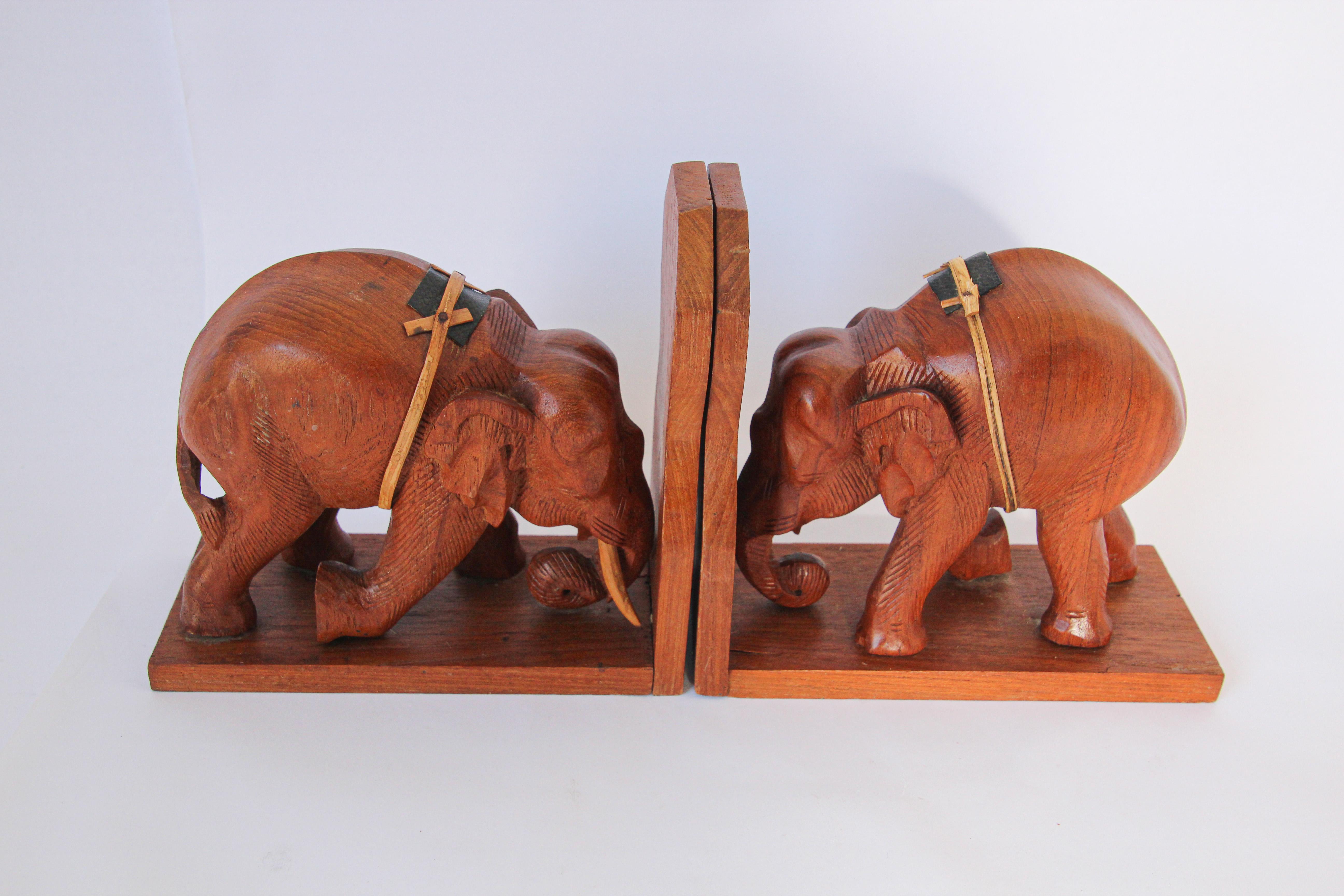 Anglo Raj Hand Carved Wooden Elephant Bookends, circa 1950
