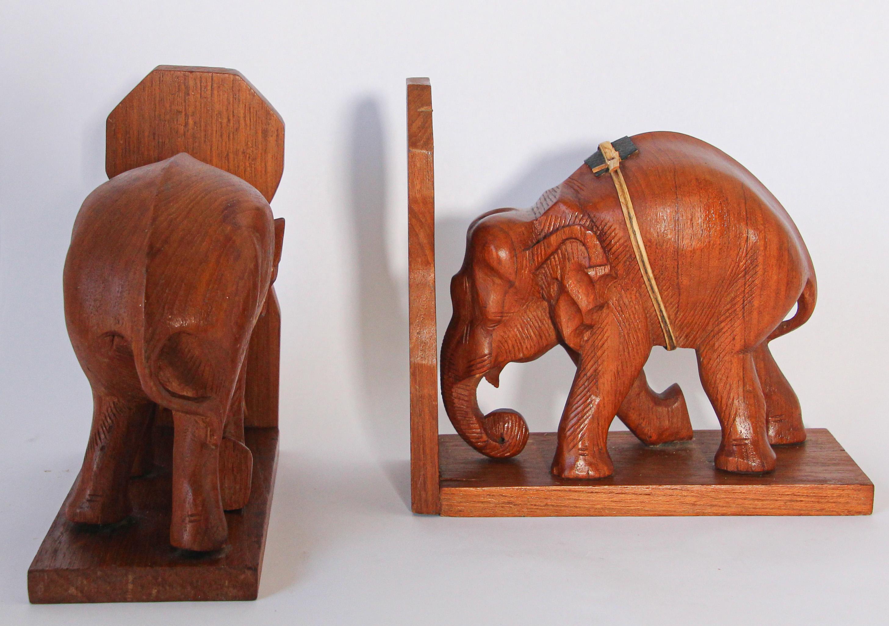 Indian Hand Carved Wooden Elephant Bookends, circa 1950