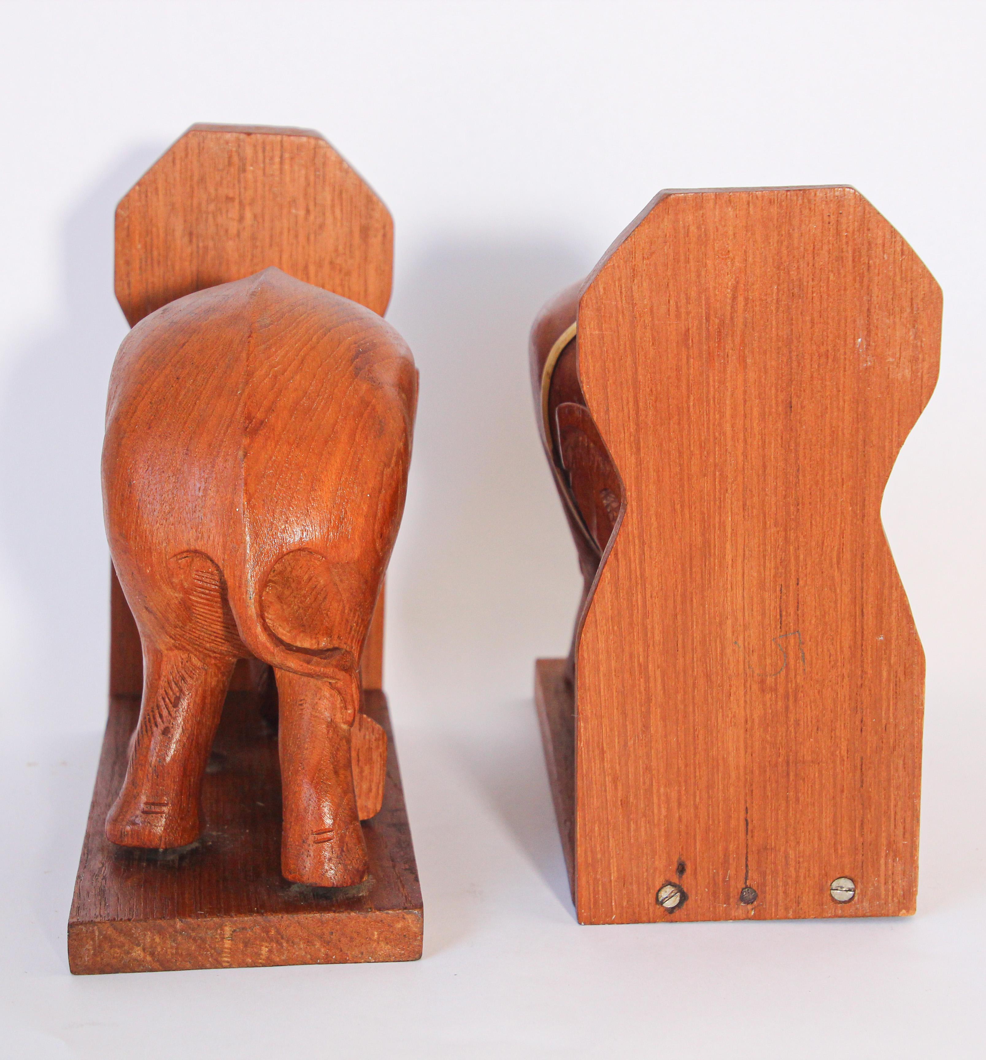 Hand-Carved Hand Carved Wooden Elephant Bookends, circa 1950