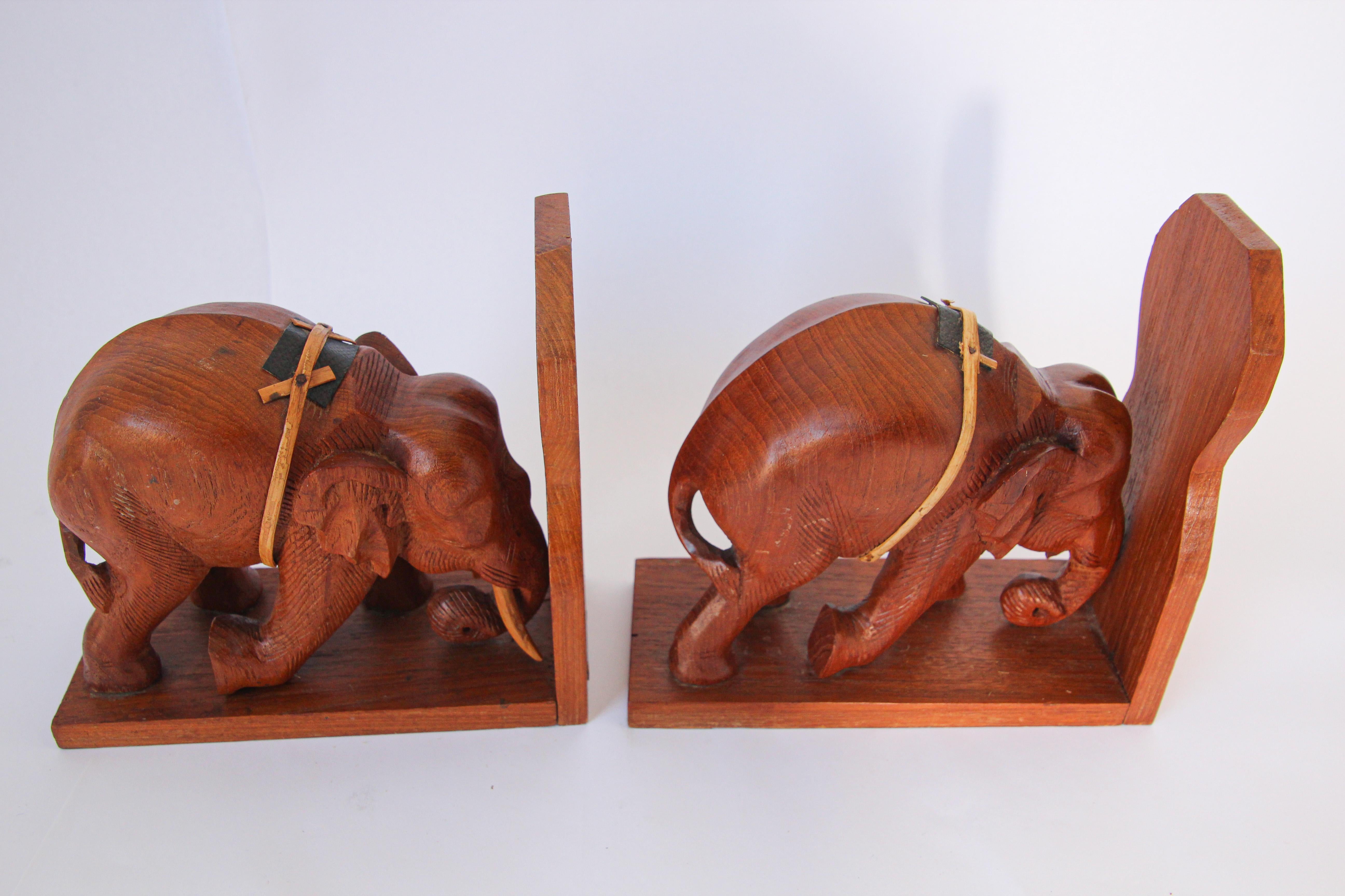 20th Century Hand Carved Wooden Elephant Bookends, circa 1950