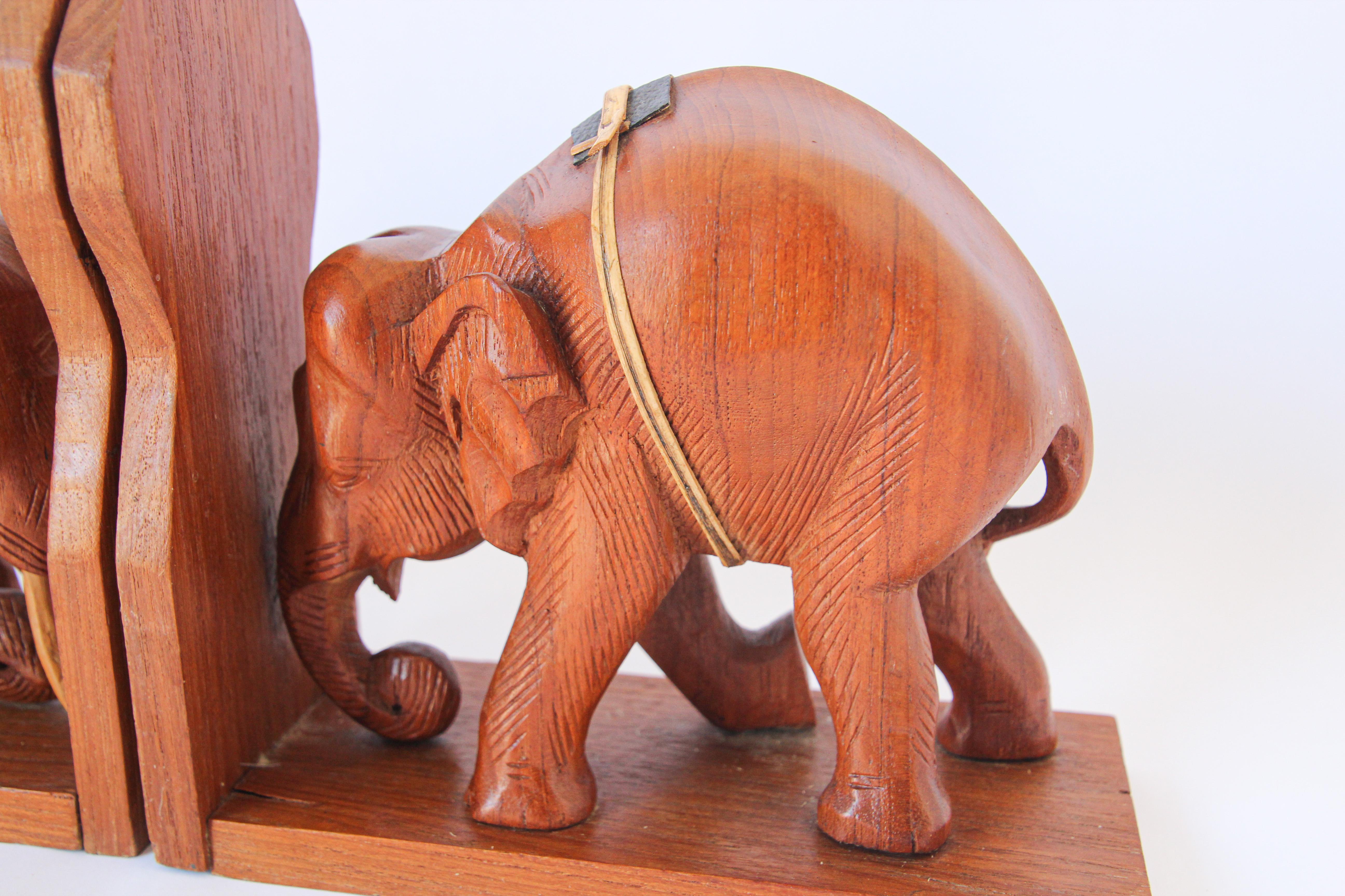 Hand Carved Wooden Elephant Bookends, circa 1950 2