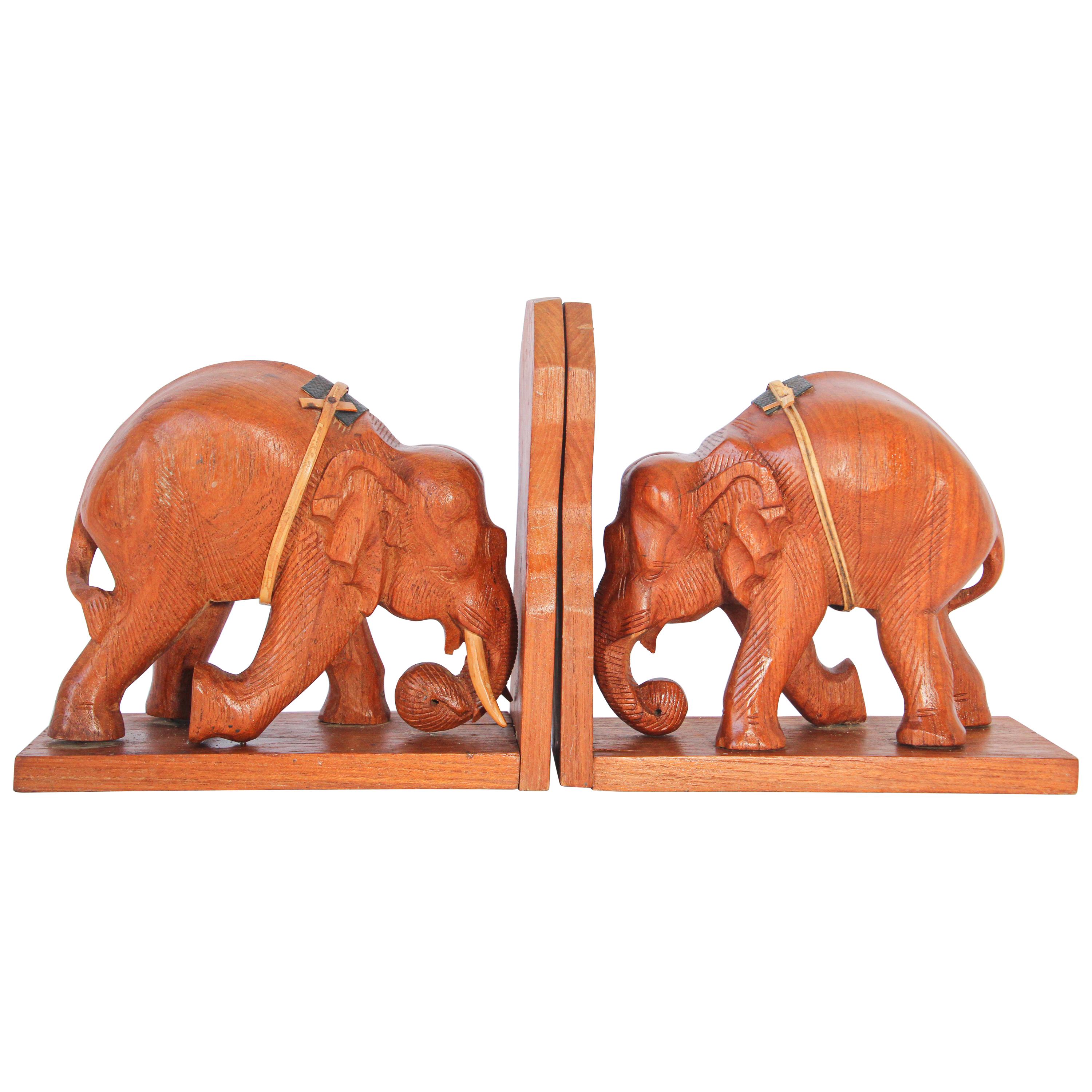 Hand Carved Wooden Elephant Bookends, circa 1950