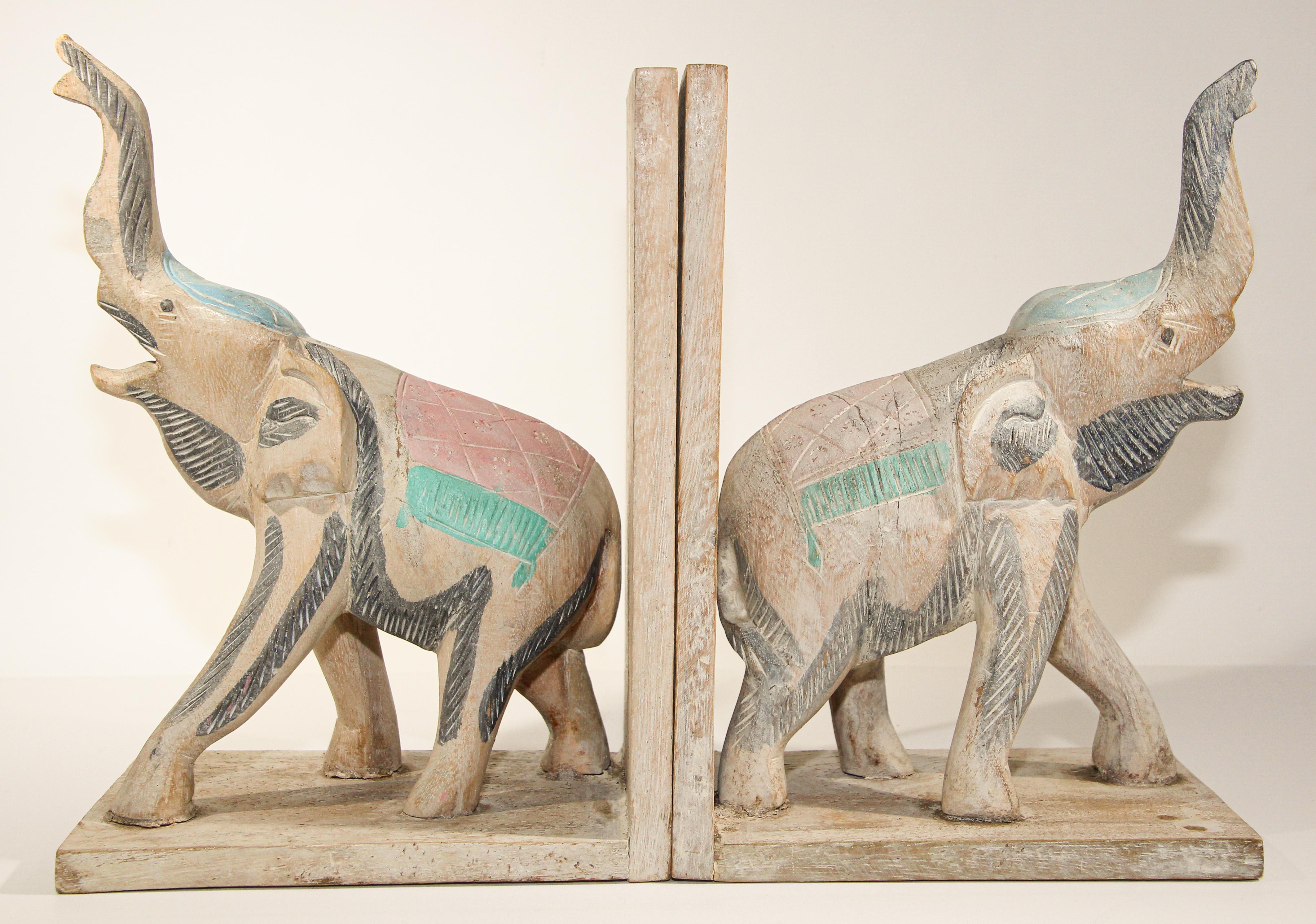 20th Century Hand Carved Wooden Elephant Bookends For Sale
