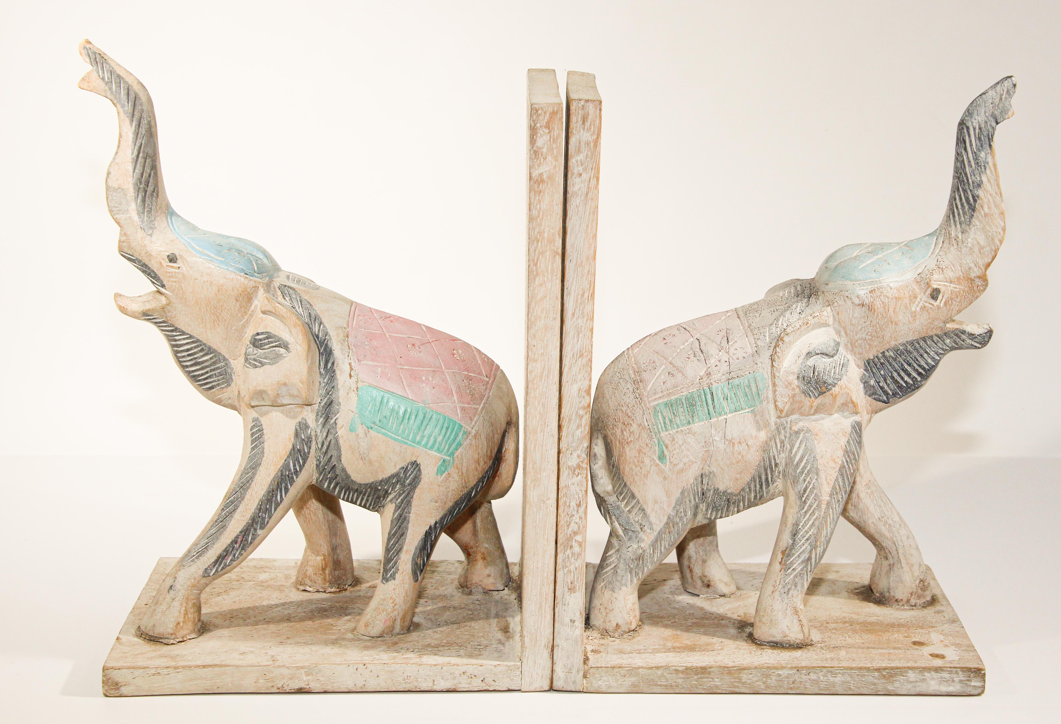 Paint Hand Carved Wooden Elephant Bookends For Sale