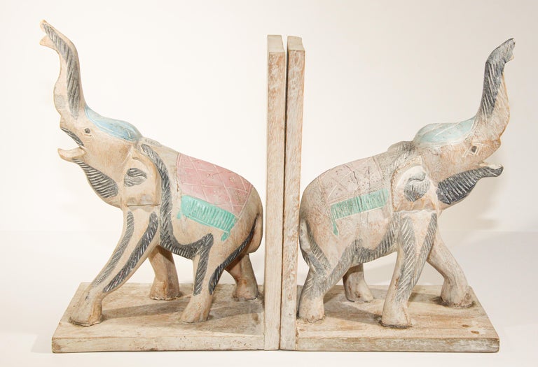 Hand Carved Wooden Elephant Bookends For Sale at 1stDibs