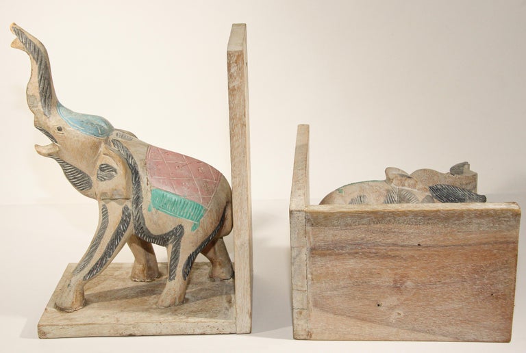 Hand Carved Wooden Elephant Bookends For Sale at 1stDibs