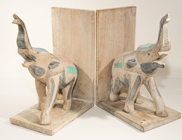 Hand Carved Wooden Elephant Bookends For Sale at 1stDibs