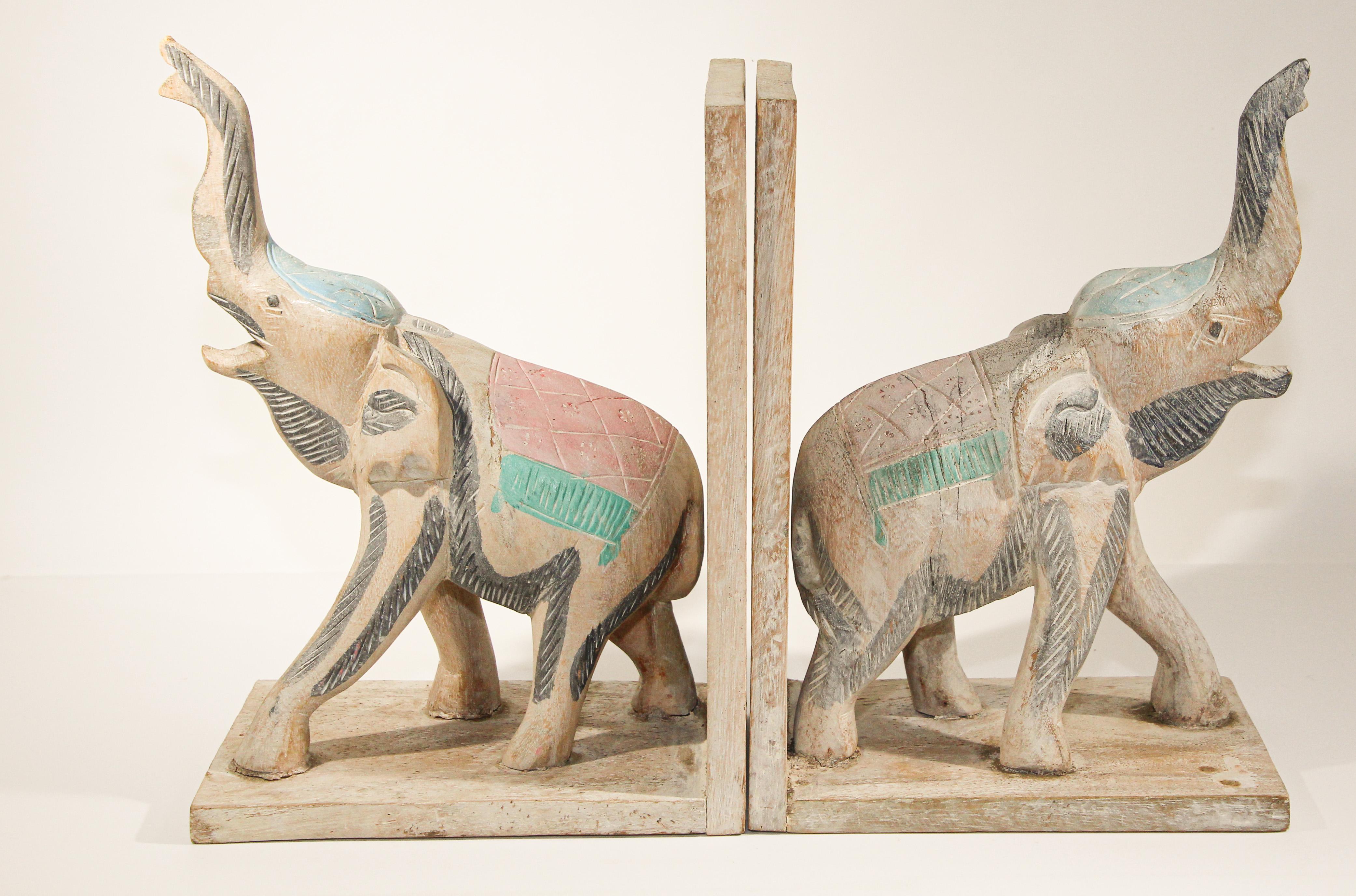 Hand Carved Wooden Elephant Bookends For Sale 7