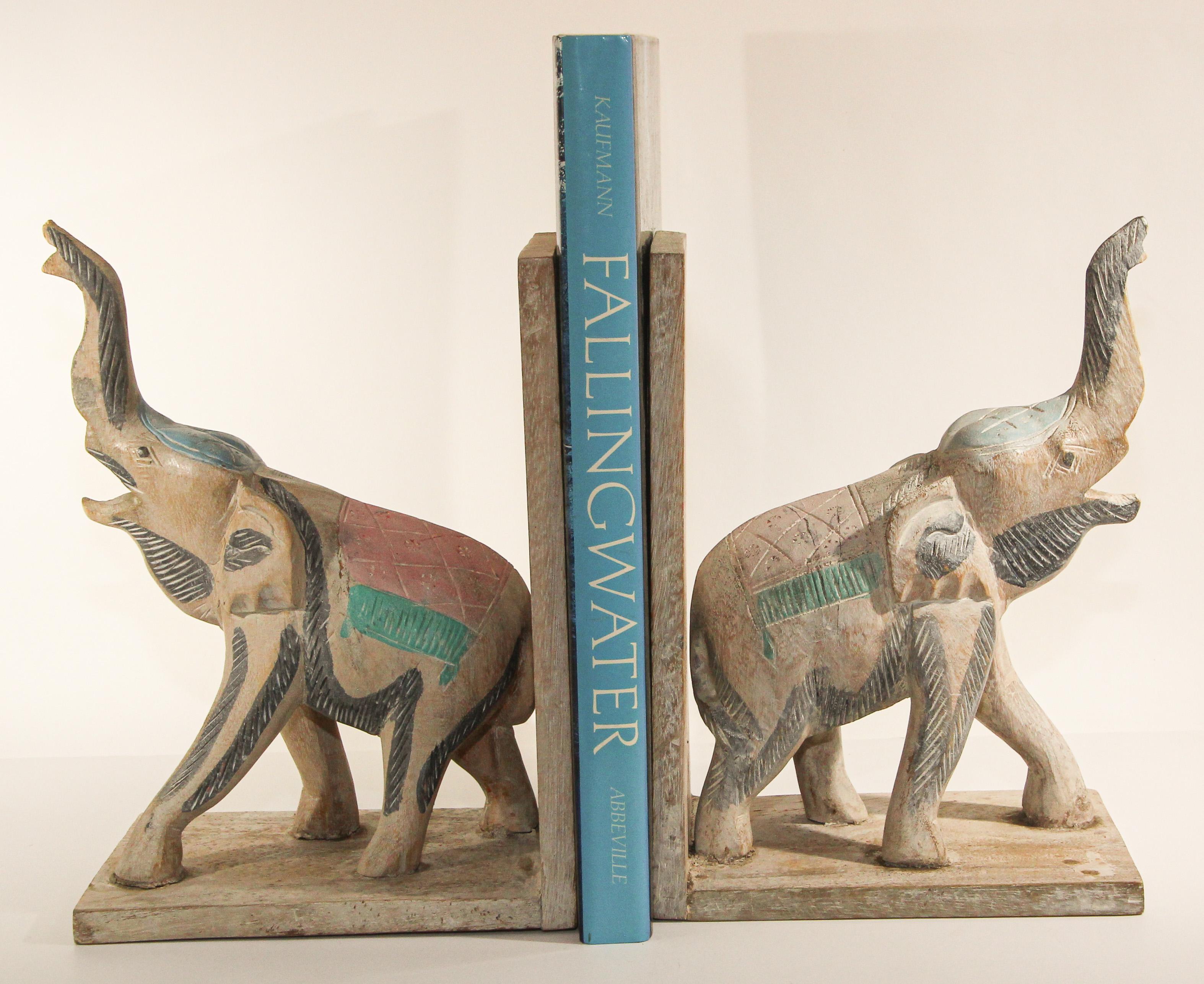 Hand Carved Wooden Elephant Bookends For Sale 8