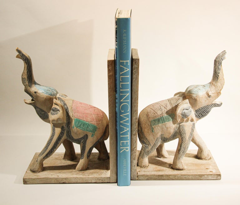 Hand Carved Wooden Elephant Bookends For Sale at 1stDibs