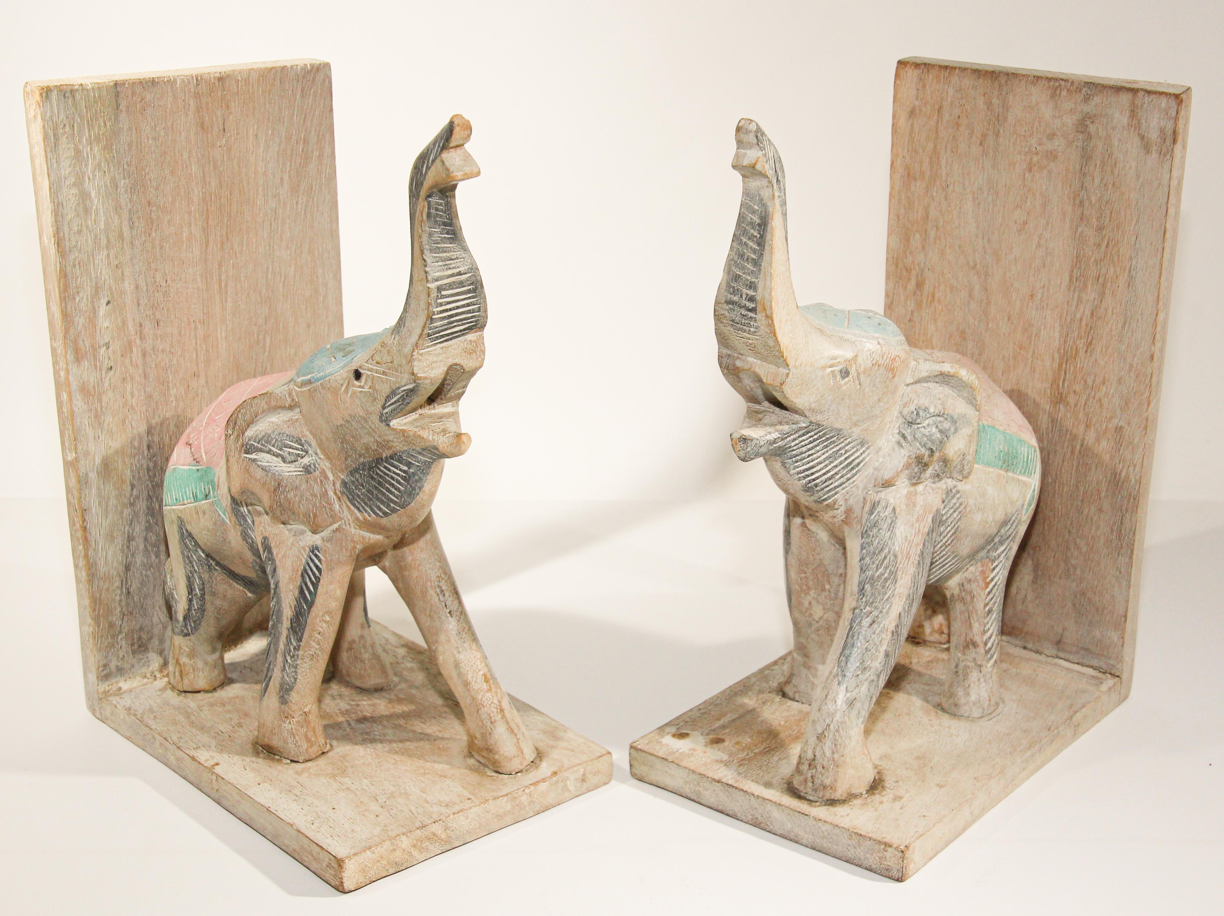 Anglo Raj Hand Carved Wooden Elephant Bookends For Sale