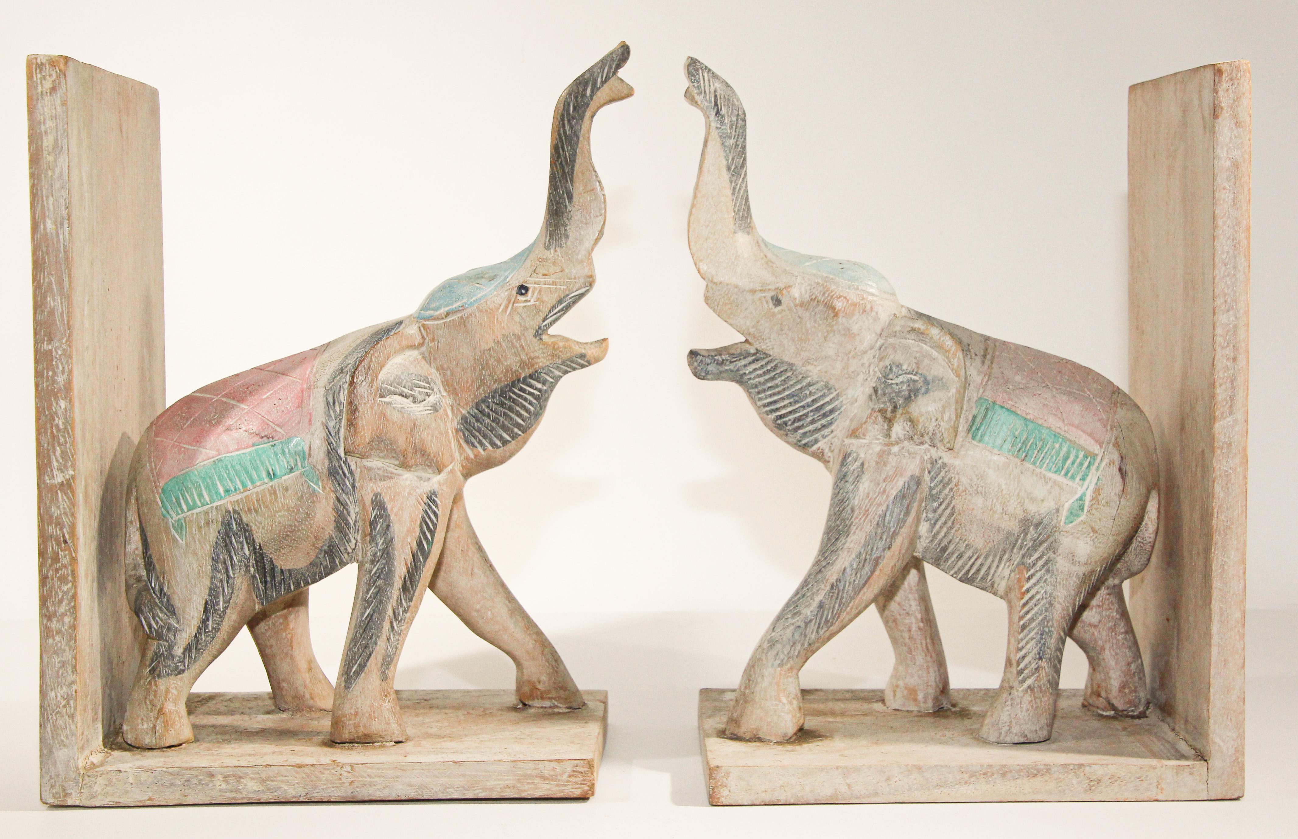 Indian Hand Carved Wooden Elephant Bookends For Sale