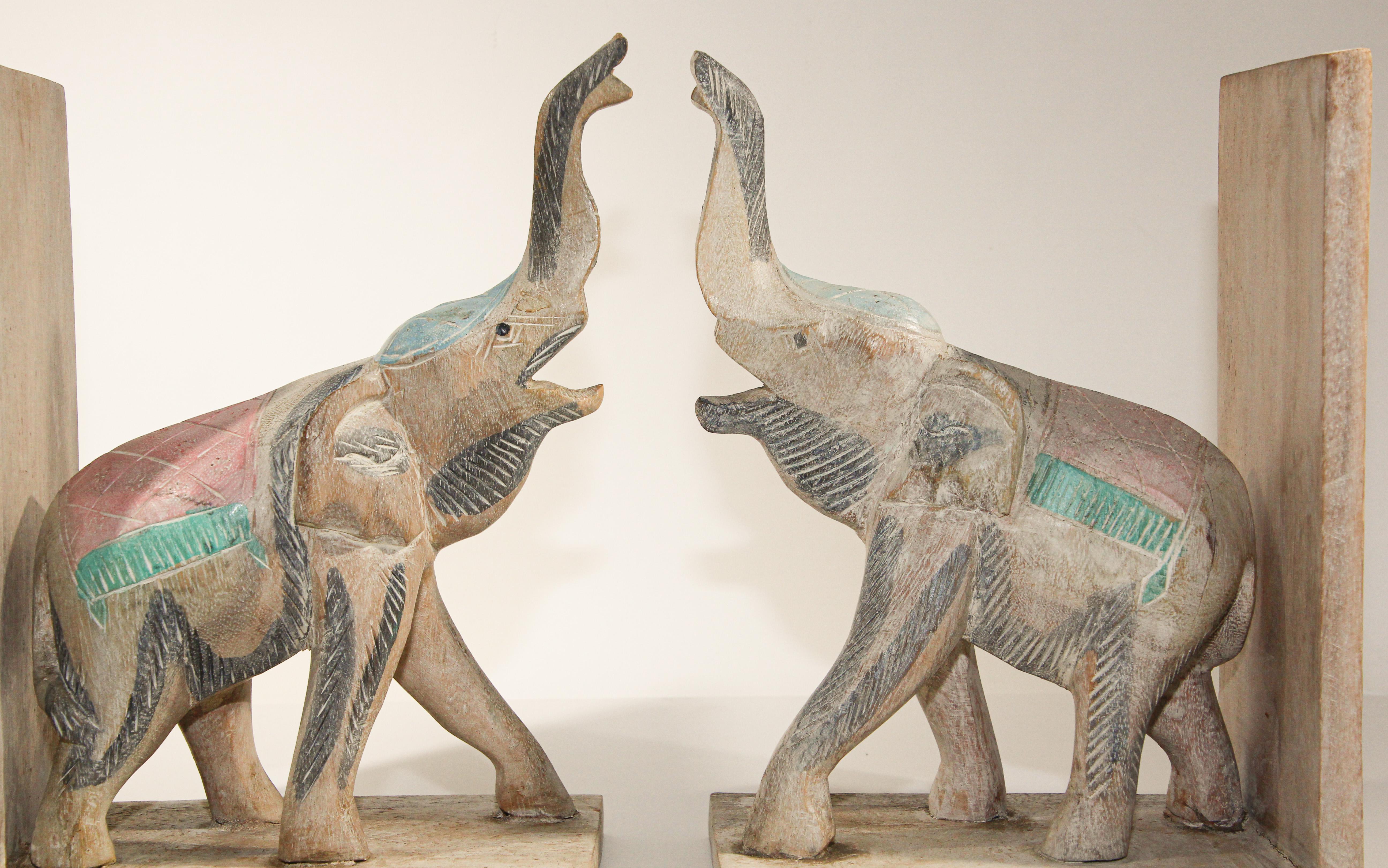 Hand-Carved Hand Carved Wooden Elephant Bookends For Sale