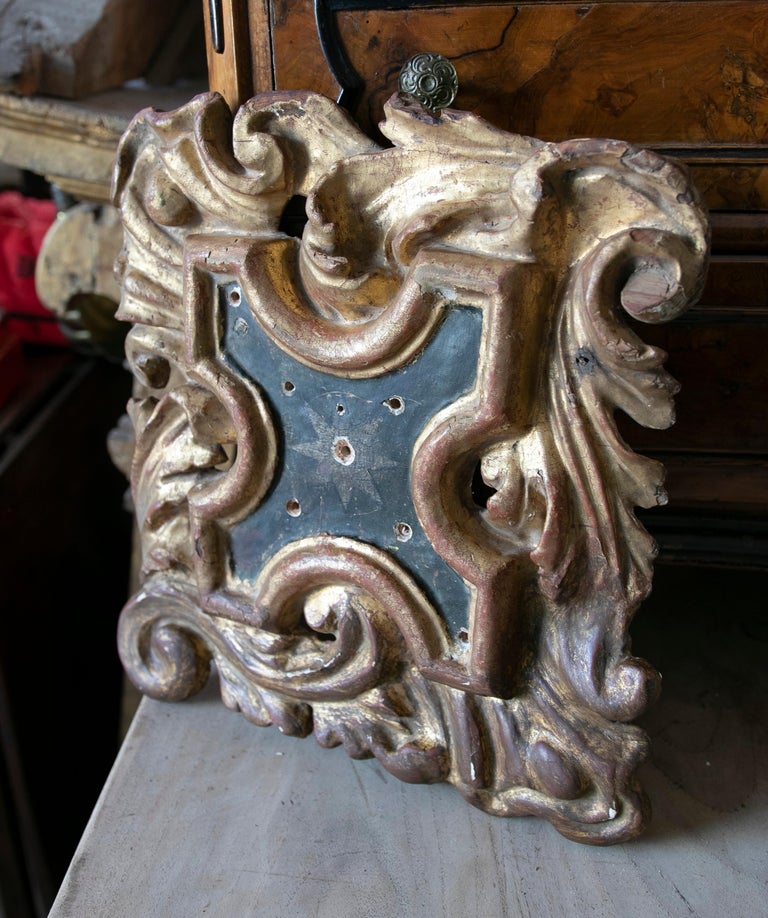 HandCarved Wooden Finial with Traces of Gold and Green Polychromy For